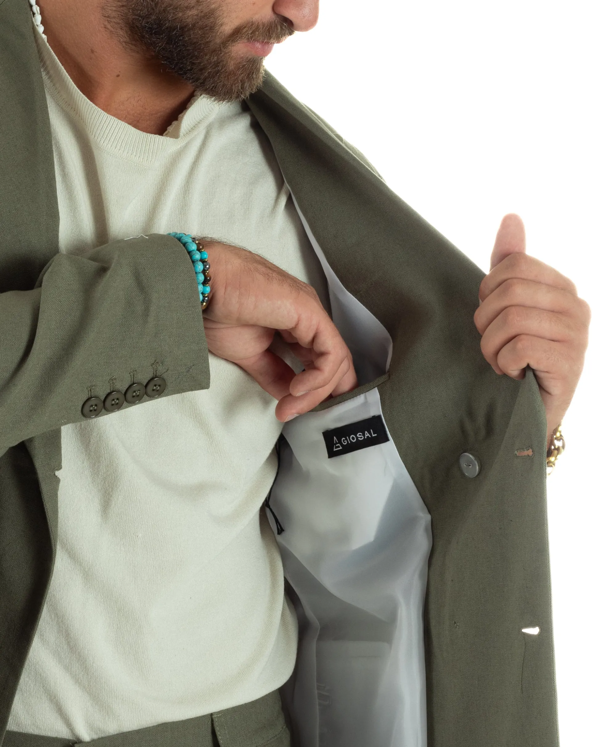 Abito lino uomo vestito doppiopetto sartoriale verde militare AE1169A
