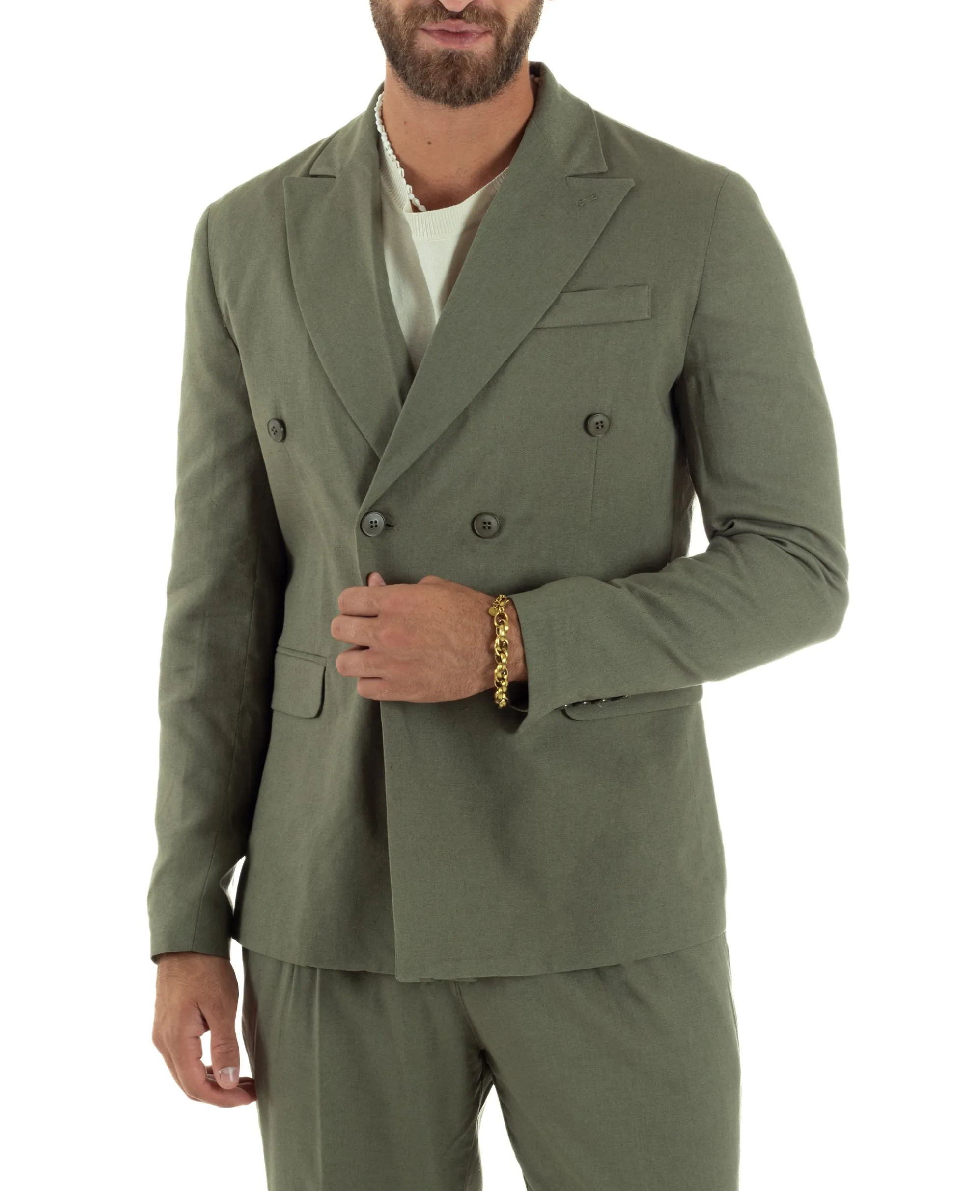 Abito lino uomo vestito doppiopetto sartoriale verde militare AE1169A
