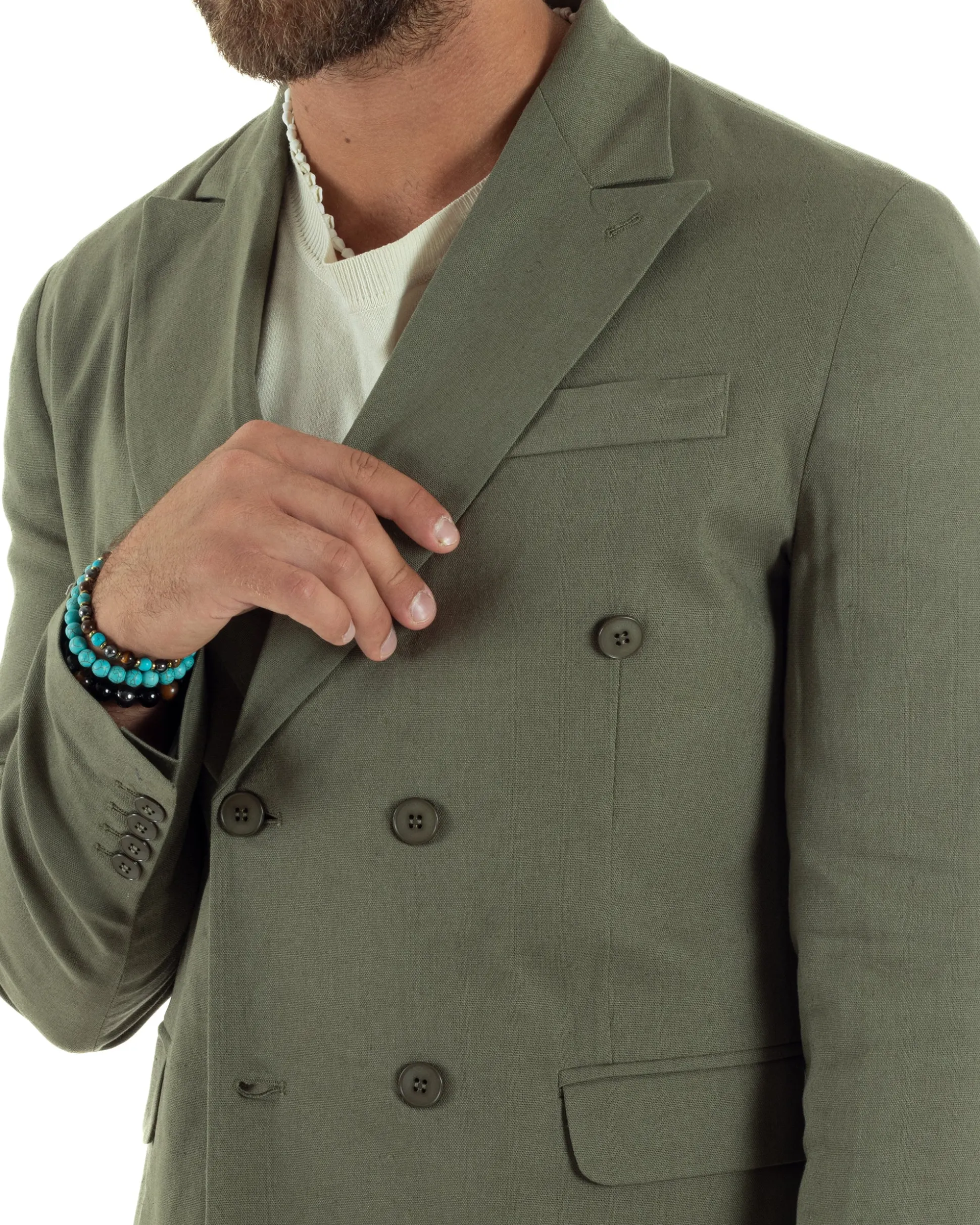 Abito lino uomo vestito doppiopetto sartoriale verde militare AE1169A