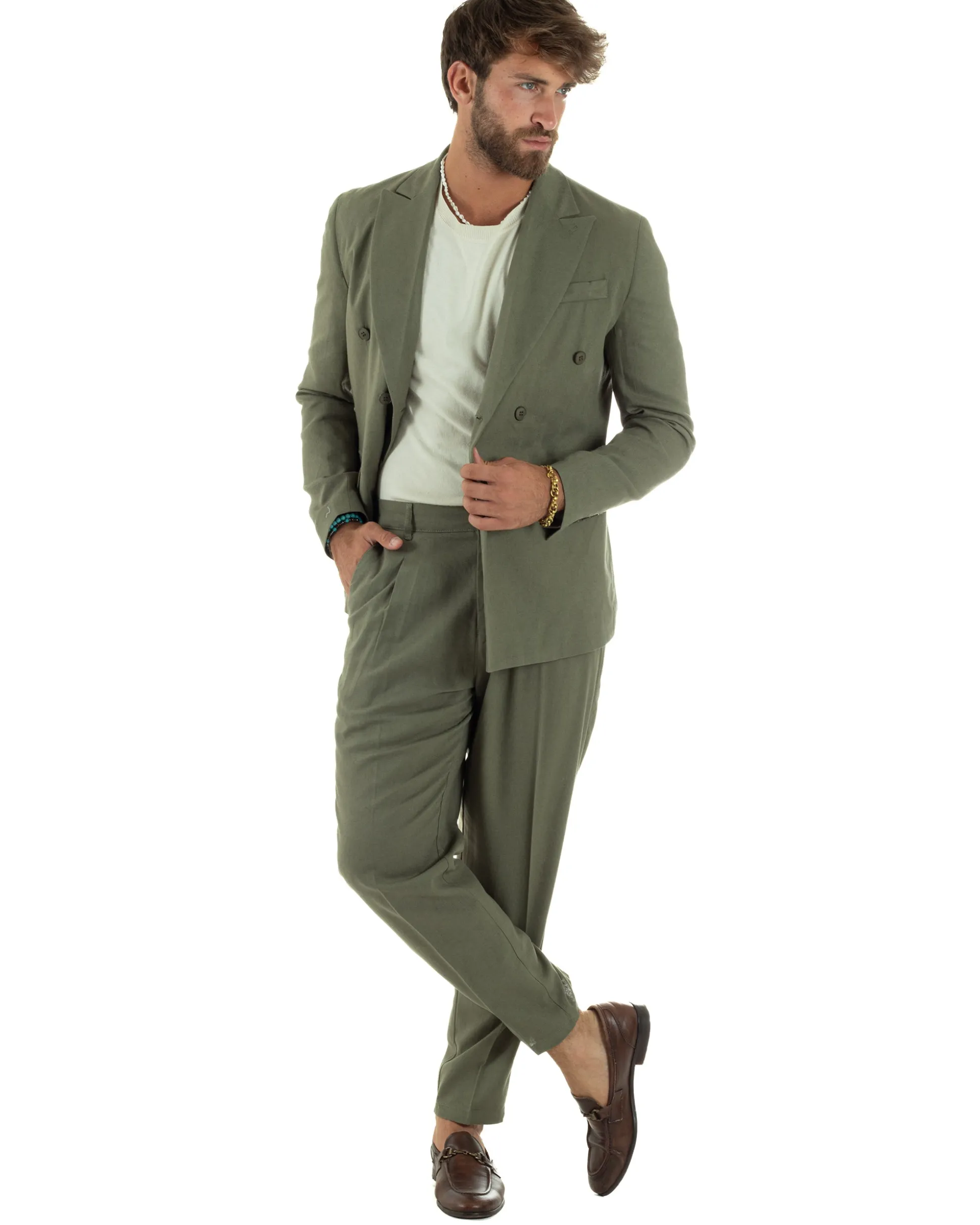 Abito lino uomo vestito doppiopetto sartoriale verde militare AE1169A