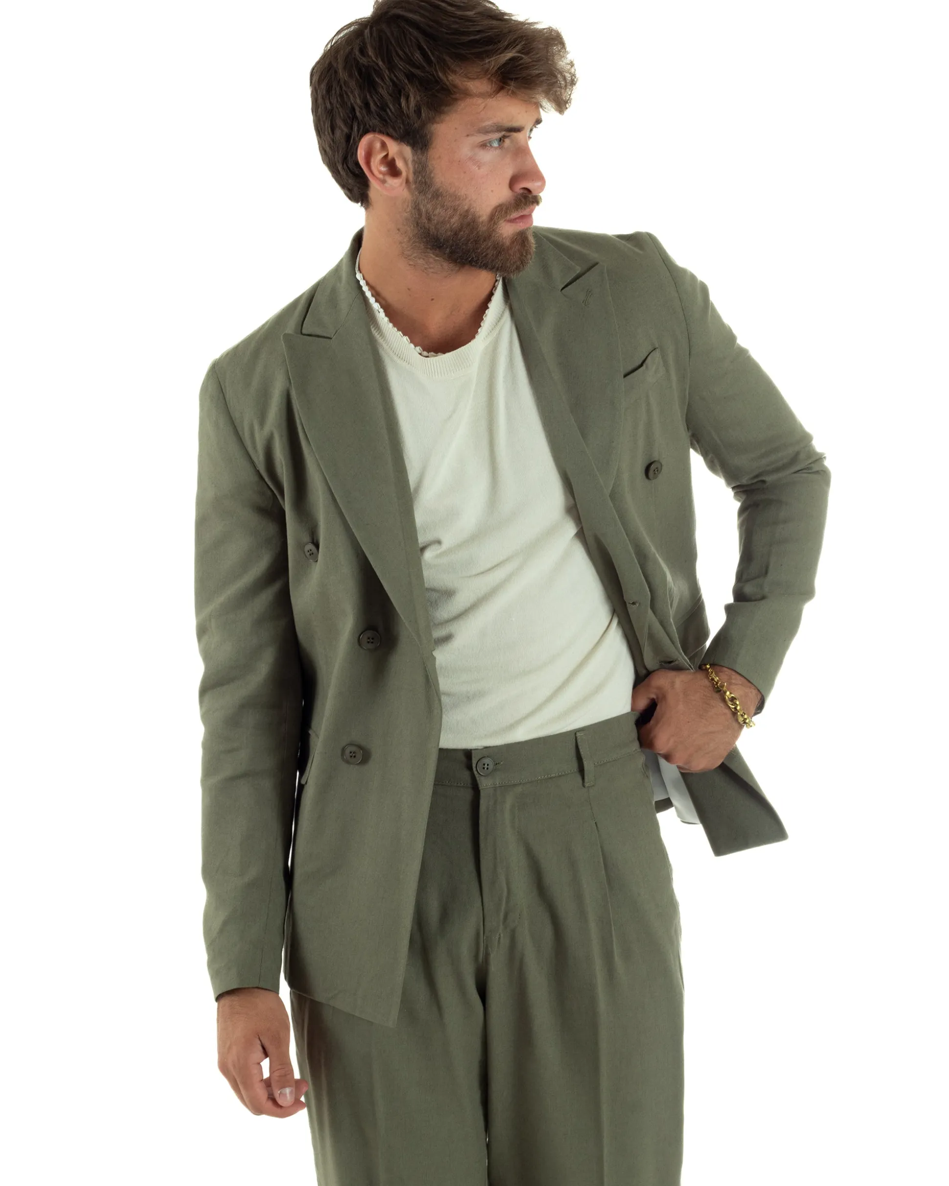 Abito lino uomo vestito doppiopetto sartoriale verde militare AE1169A