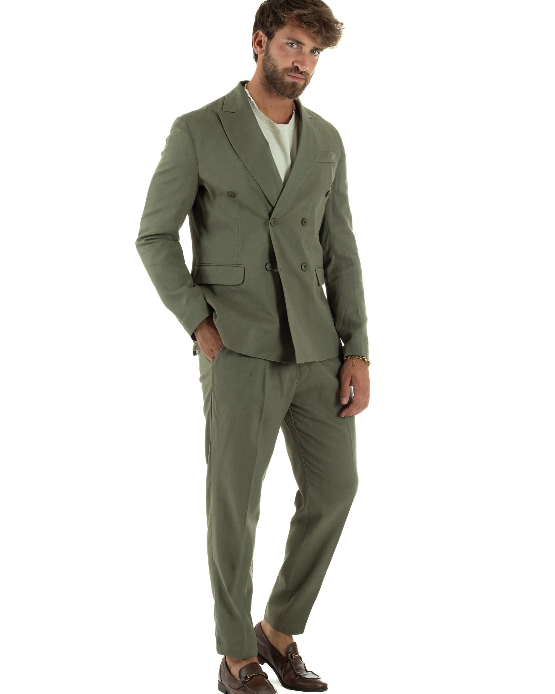 Abito lino uomo vestito doppiopetto sartoriale verde militare AE1169A