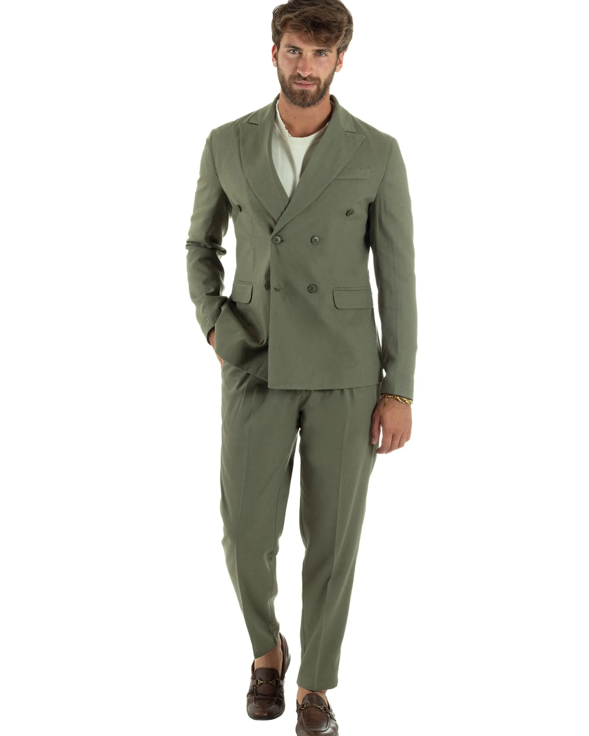 Abito lino uomo vestito doppiopetto sartoriale verde militare AE1169A