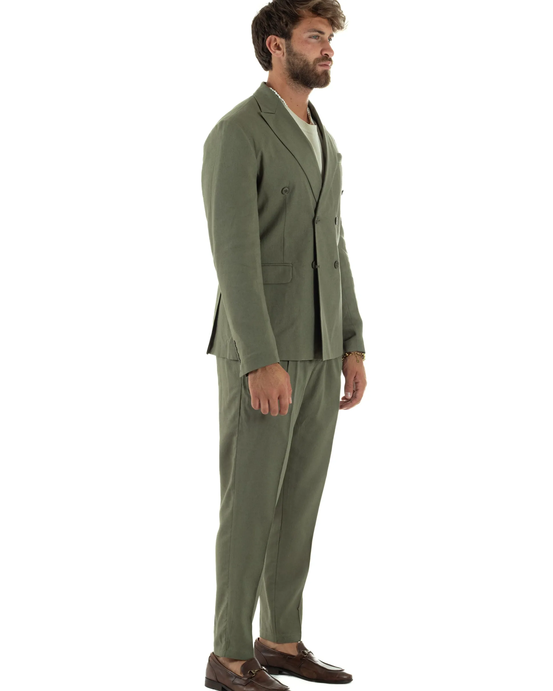 Abito lino uomo vestito doppiopetto sartoriale verde militare AE1169A