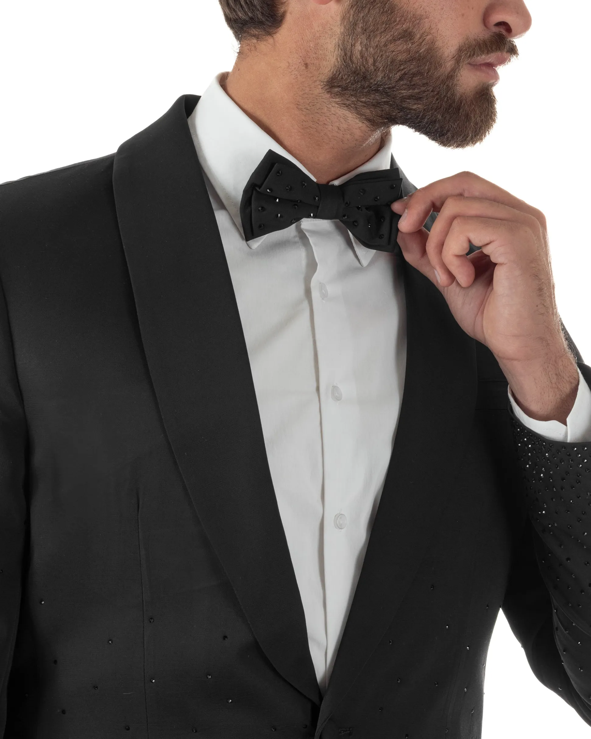 Abito monopetto uomo smoking brillantinato rever sciallato nero GIOSAL-AE1233A
