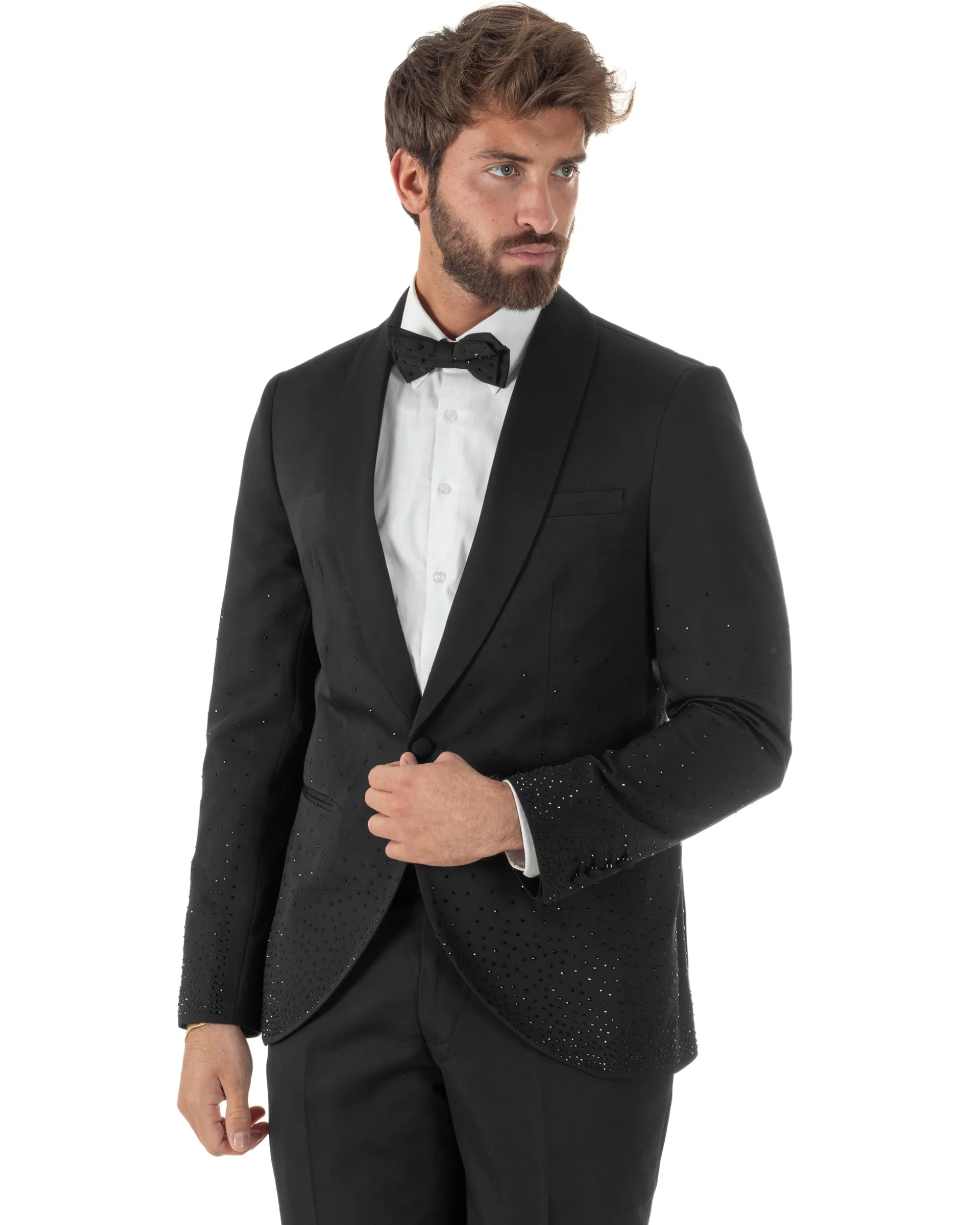 Abito monopetto uomo smoking brillantinato rever sciallato nero GIOSAL-AE1233A