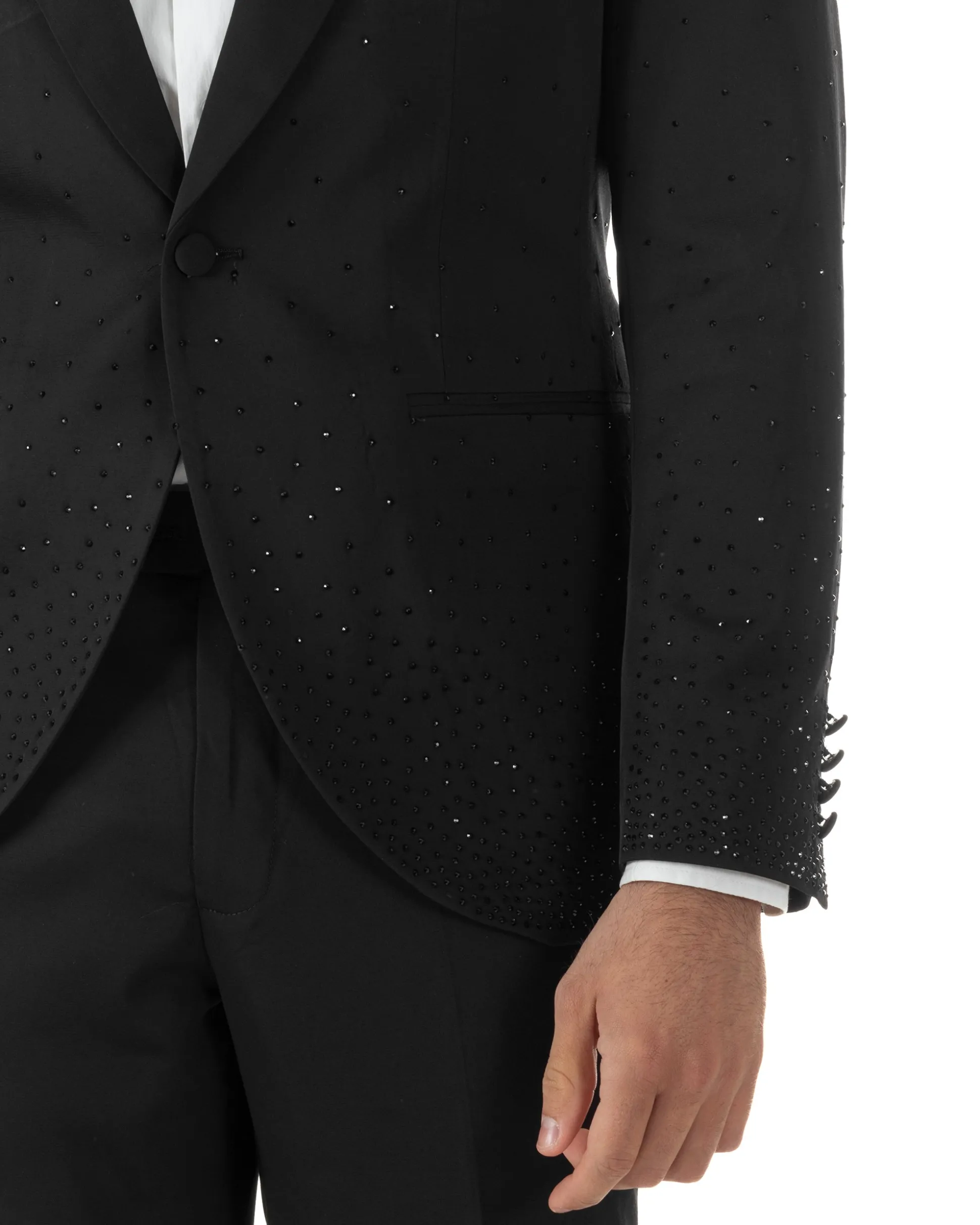 Abito monopetto uomo smoking brillantinato rever sciallato nero GIOSAL-AE1233A