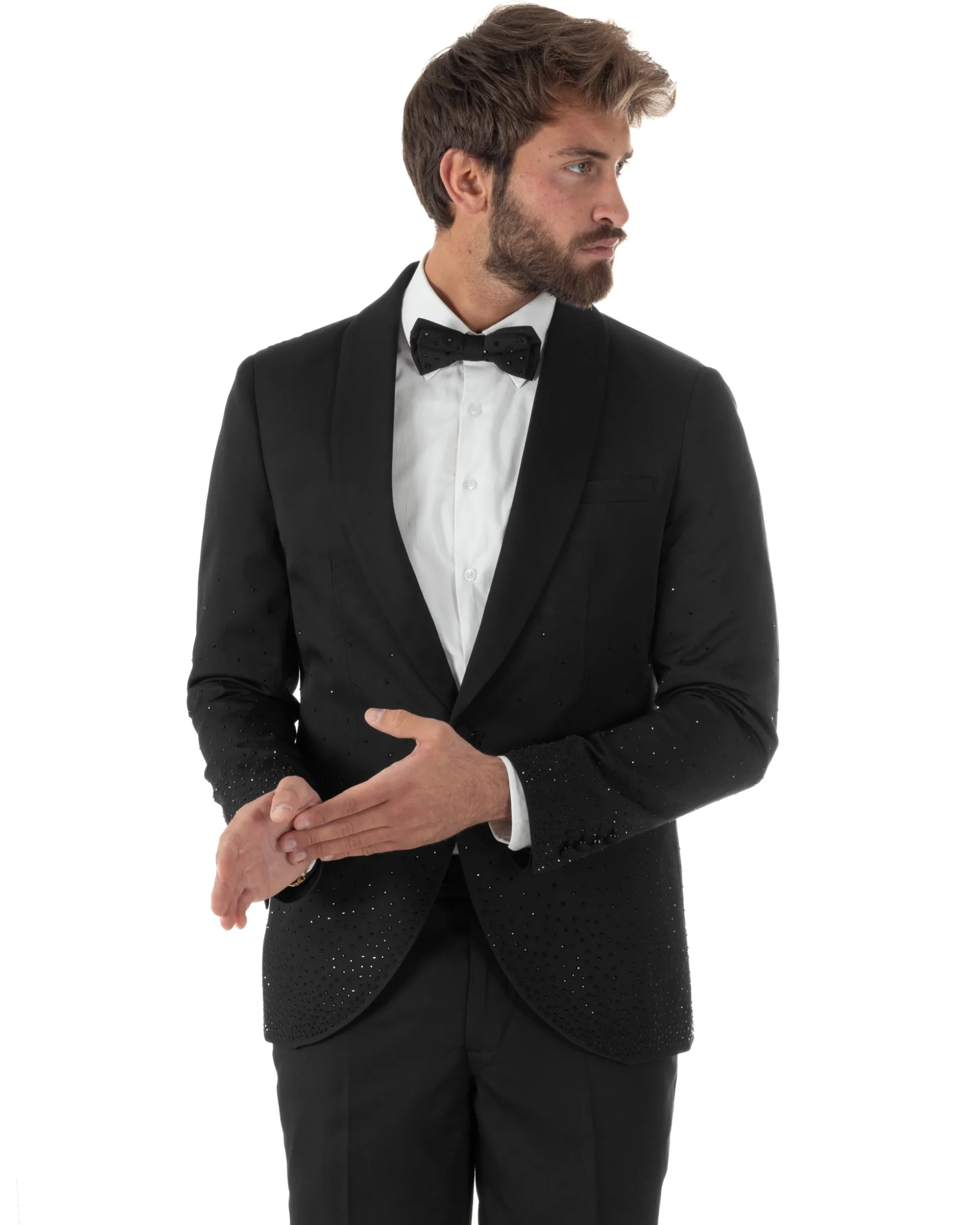 Abito monopetto uomo smoking brillantinato rever sciallato nero GIOSAL-AE1233A