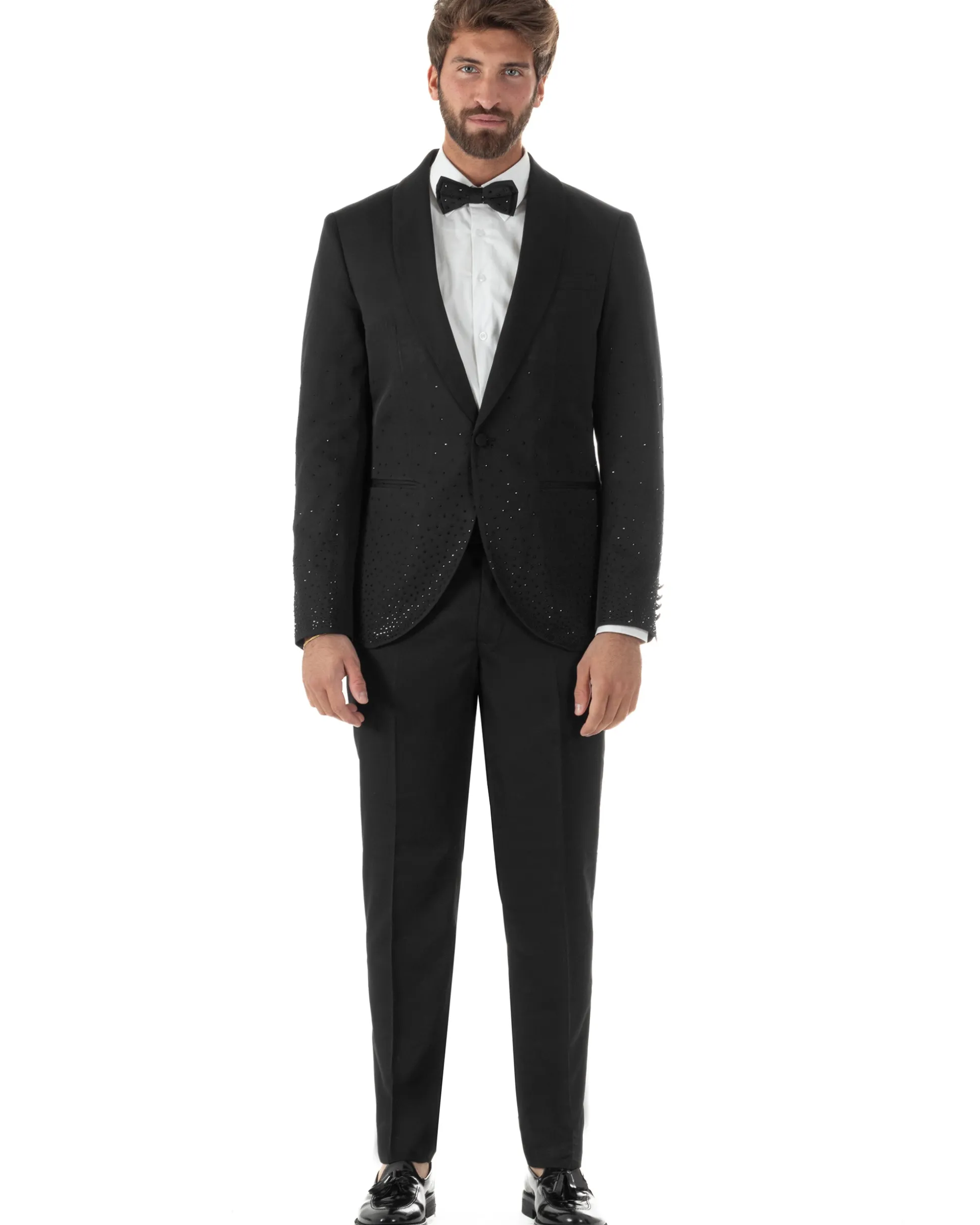 Abito monopetto uomo smoking brillantinato rever sciallato nero GIOSAL-AE1233A