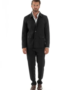 Abito Uomo Completo Giacca Sahariana Pantaloni Nero AE1146A