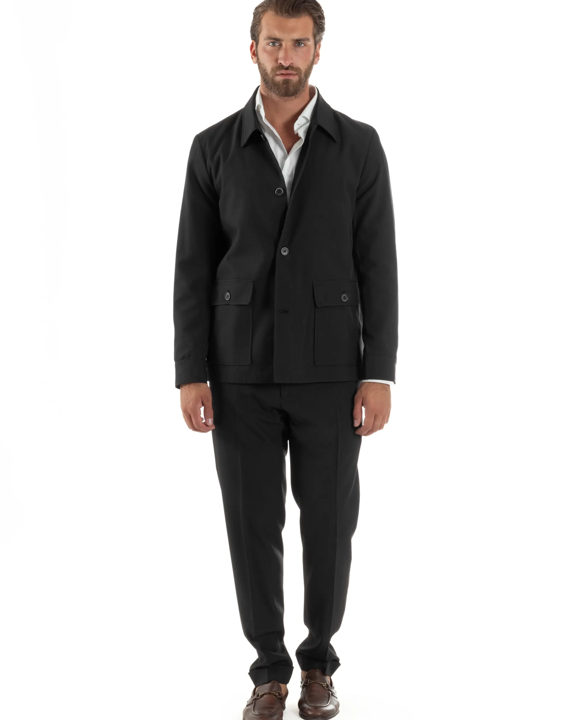 Abito Uomo Completo Giacca Sahariana Pantaloni Nero AE1146A