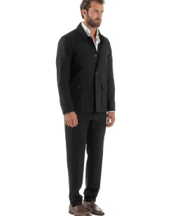 Abito Uomo Completo Giacca Sahariana Pantaloni Nero AE1146A