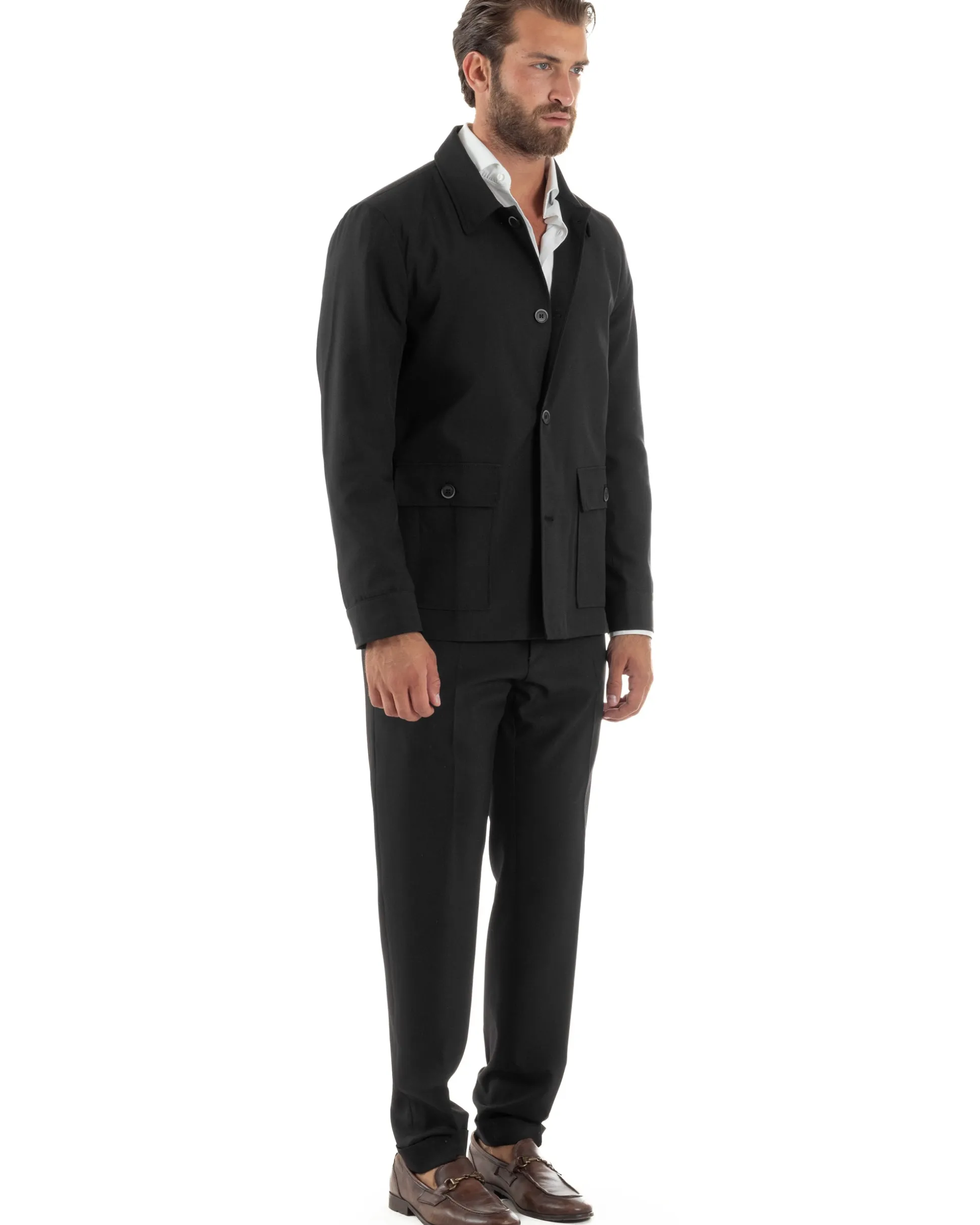 Abito Uomo Completo Giacca Sahariana Pantaloni Nero AE1146A