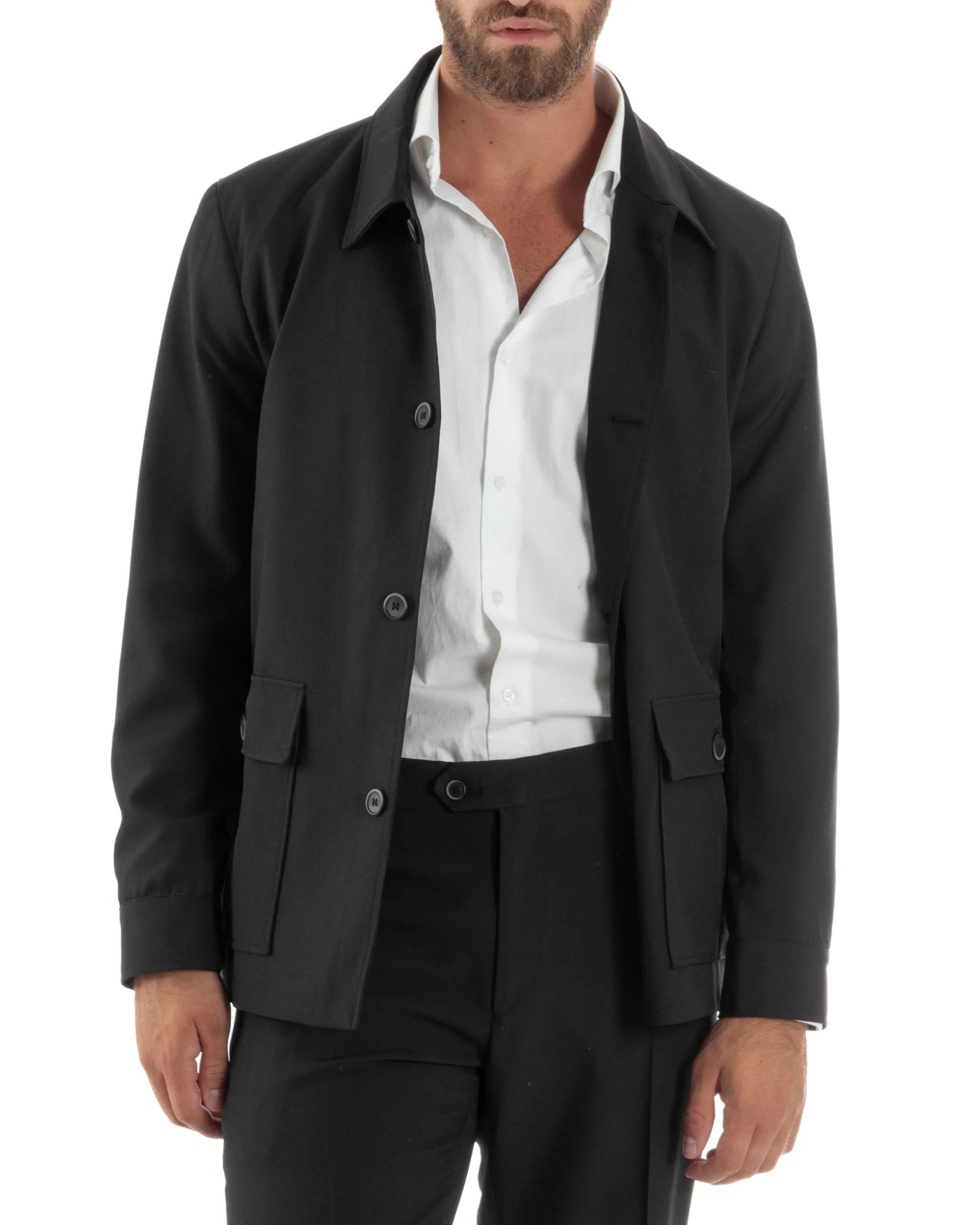Abito Uomo Completo Giacca Sahariana Pantaloni Nero AE1146A