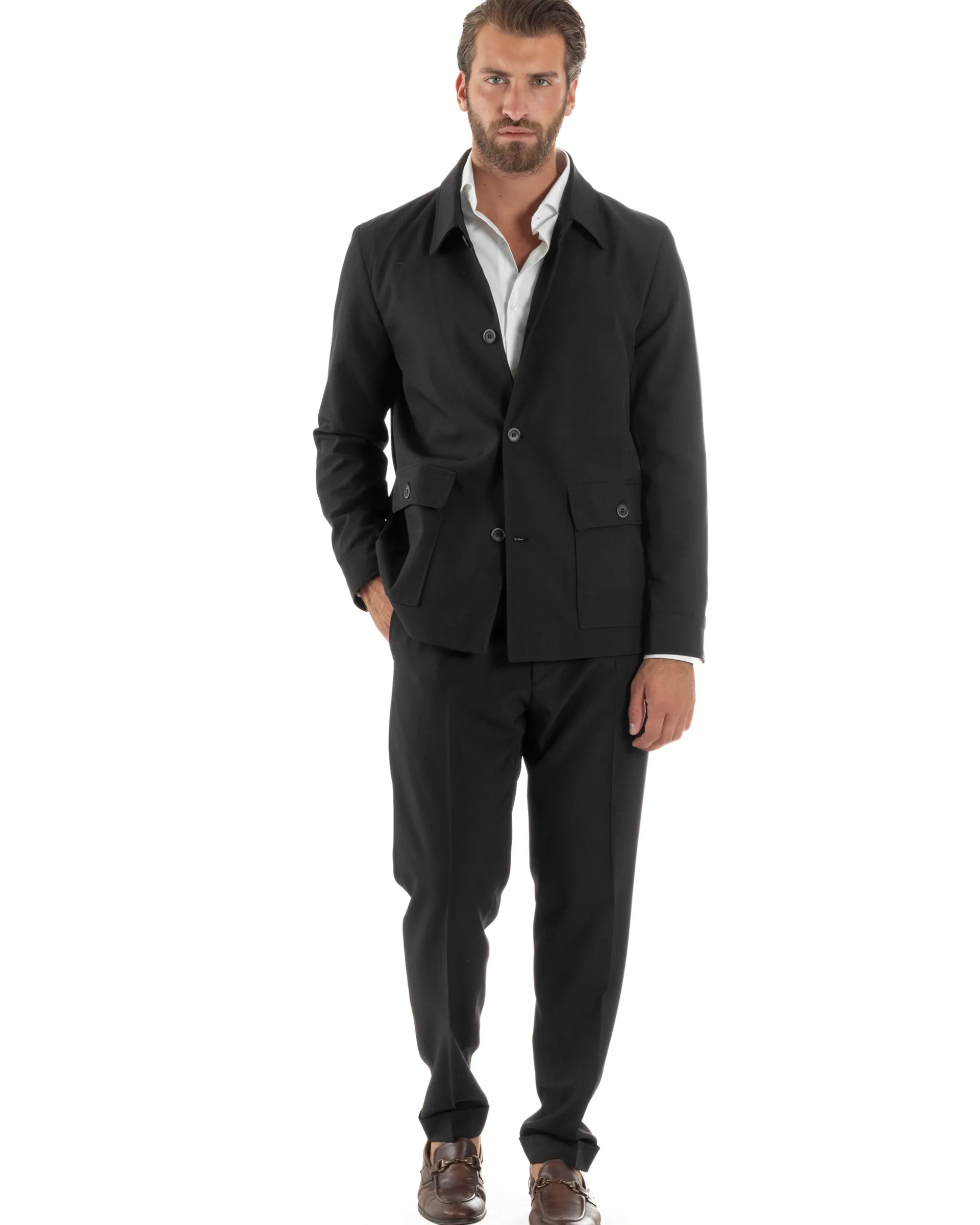 Abito Uomo Completo Giacca Sahariana Pantaloni Nero AE1146A
