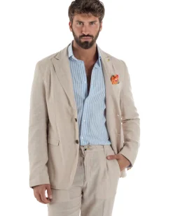 Abito uomo completo lino giacca monopetto pantaloni pinces coulisse beige BERNA M-261359