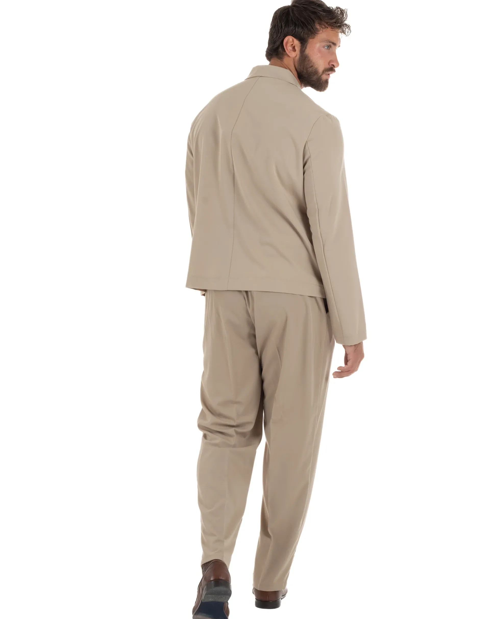 Abito uomo doppiopetto asimettrico completo relaxed fit giacca crop pantaloni baggy beige GIOSAL-AE1265A
