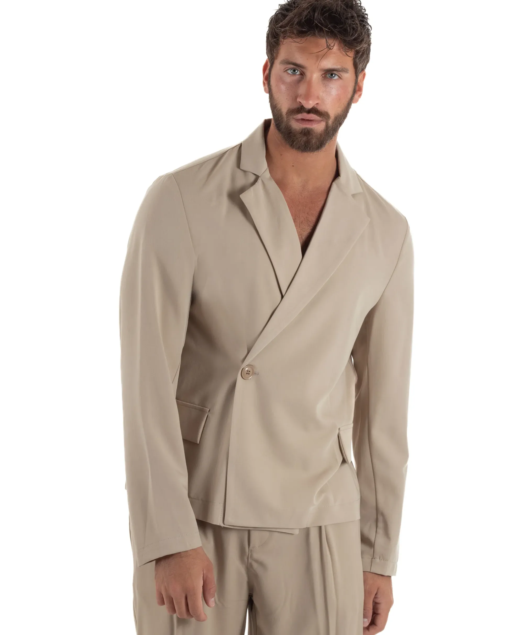 Abito uomo doppiopetto asimettrico completo relaxed fit giacca crop pantaloni baggy beige GIOSAL-AE1265A