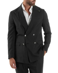 Abito Uomo Doppiopetto Bottoni In Metallo Completo Sartoriale Vestito Elegante Giacca Rever A Lancia Pantaloni Con Pinces Casual Nero GIOSAL-AE1138A