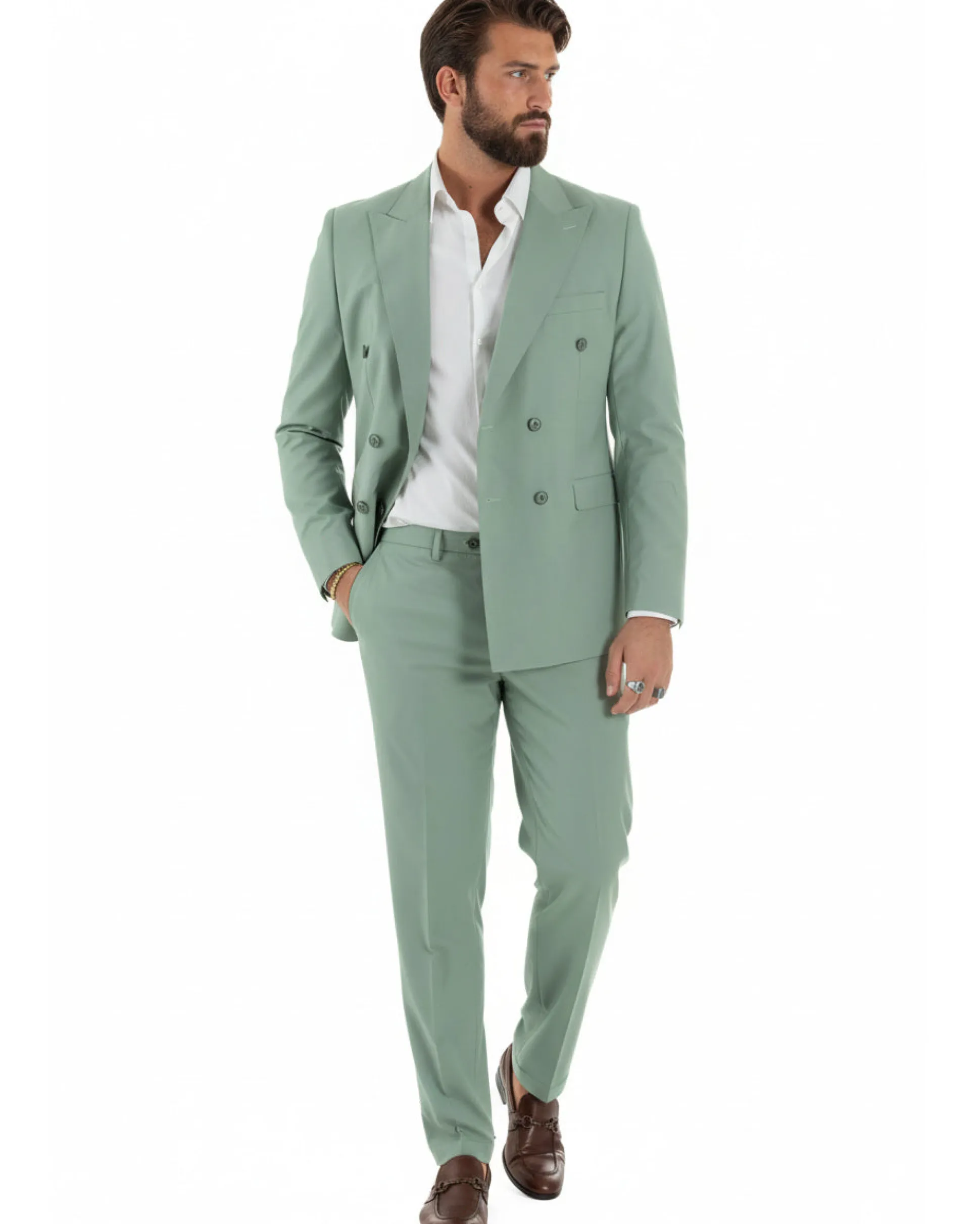 Abito uomo doppiopetto completo viscosa giacca pantaloni elegante verde salvia GIOSAL-AE1207A