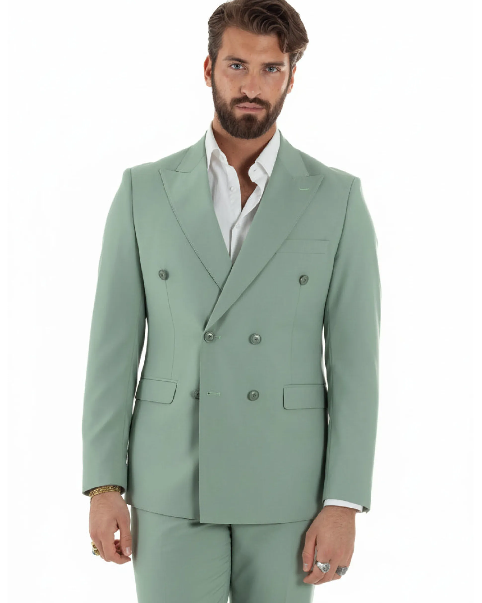 Abito uomo doppiopetto completo viscosa giacca pantaloni elegante verde salvia GIOSAL-AE1207A