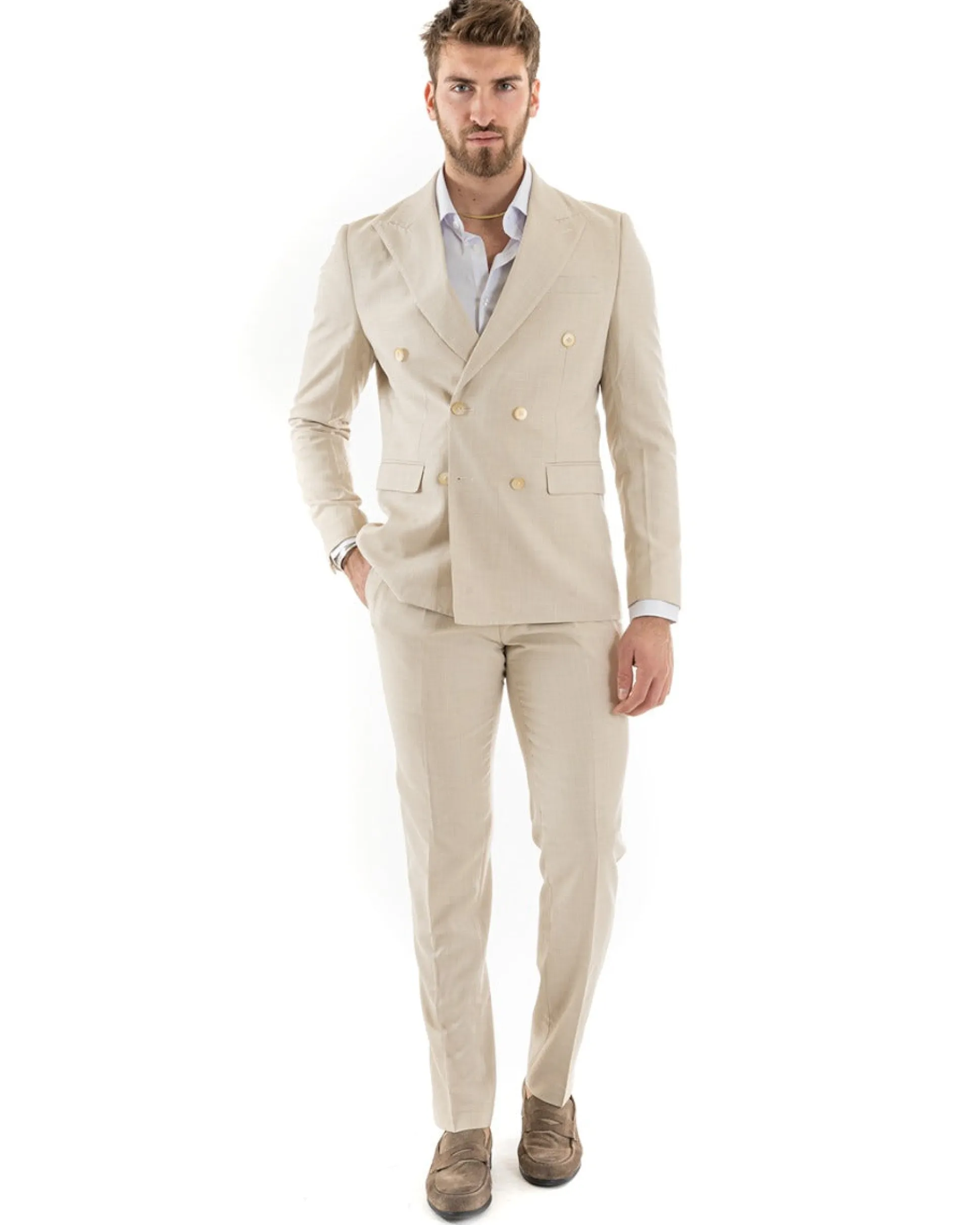 Abito uomo doppiopetto completo viscosa giacca pantaloni elegante beige melangiato GIOSAL-OU2258A
