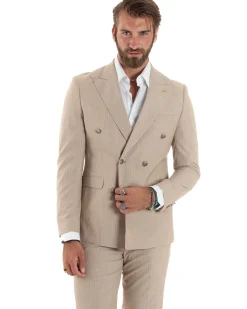 Abito uomo doppiopetto completo gessato giacca pantaloni bottoni metallo beige GIOSAL-AE1088A