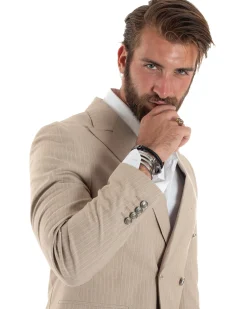 Abito uomo doppiopetto completo gessato giacca pantaloni bottoni metallo beige GIOSAL-AE1088A