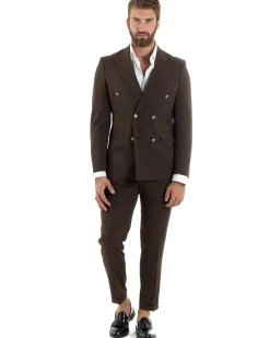 Abito uomo doppiopetto completo gessato giacca pantaloni bottoni metallo marrone GIOSAL-AE1101A