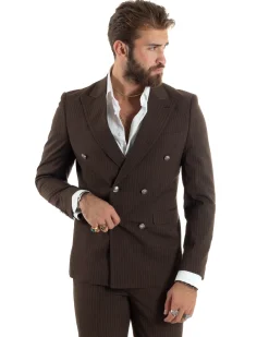 Abito uomo doppiopetto completo gessato giacca pantaloni bottoni metallo marrone GIOSAL-AE1101A