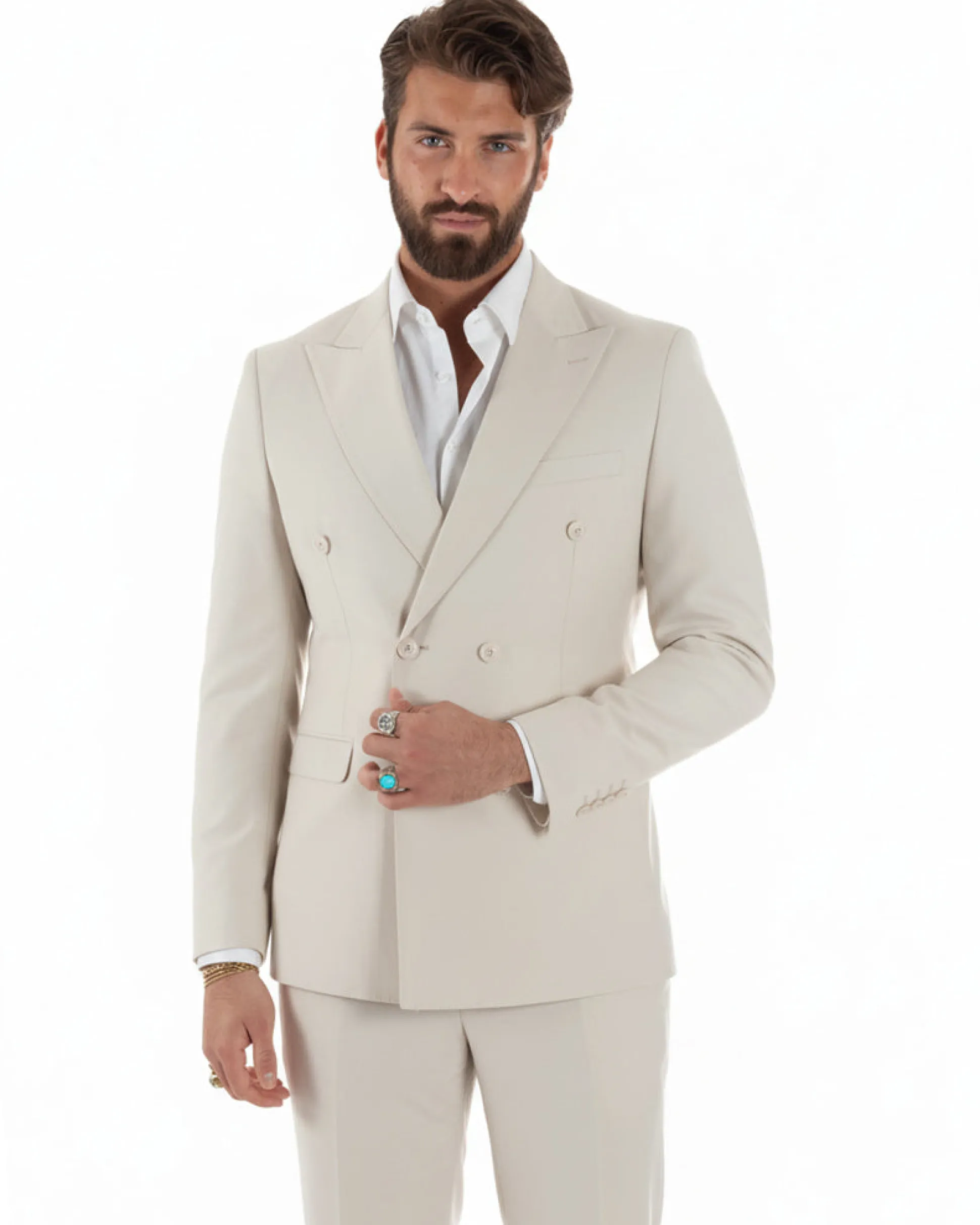 Abito uomo doppiopetto completo viscosa giacca pantaloni elegante panna GIOSAL-AE1211A