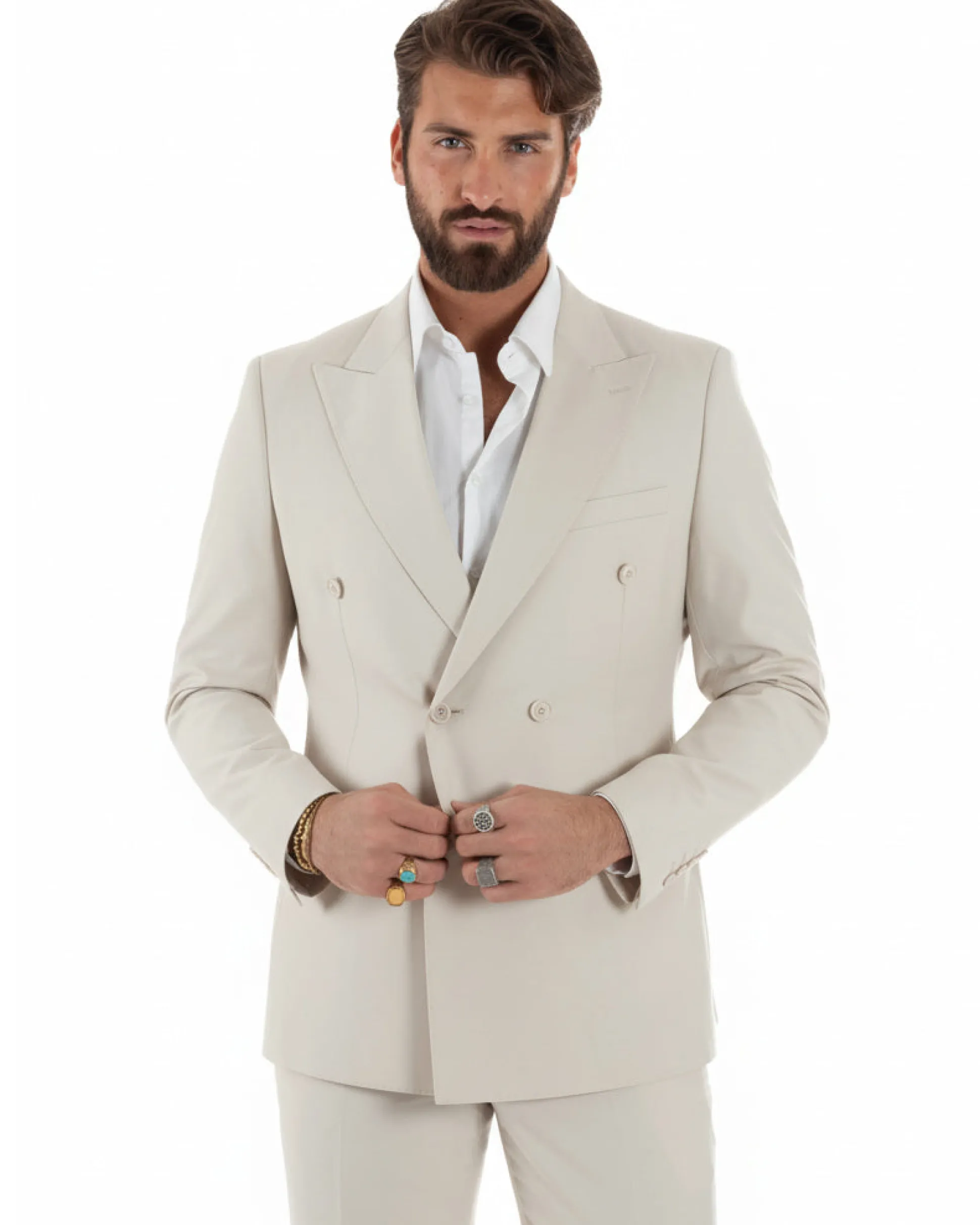 Abito uomo doppiopetto completo viscosa giacca pantaloni elegante panna GIOSAL-AE1211A