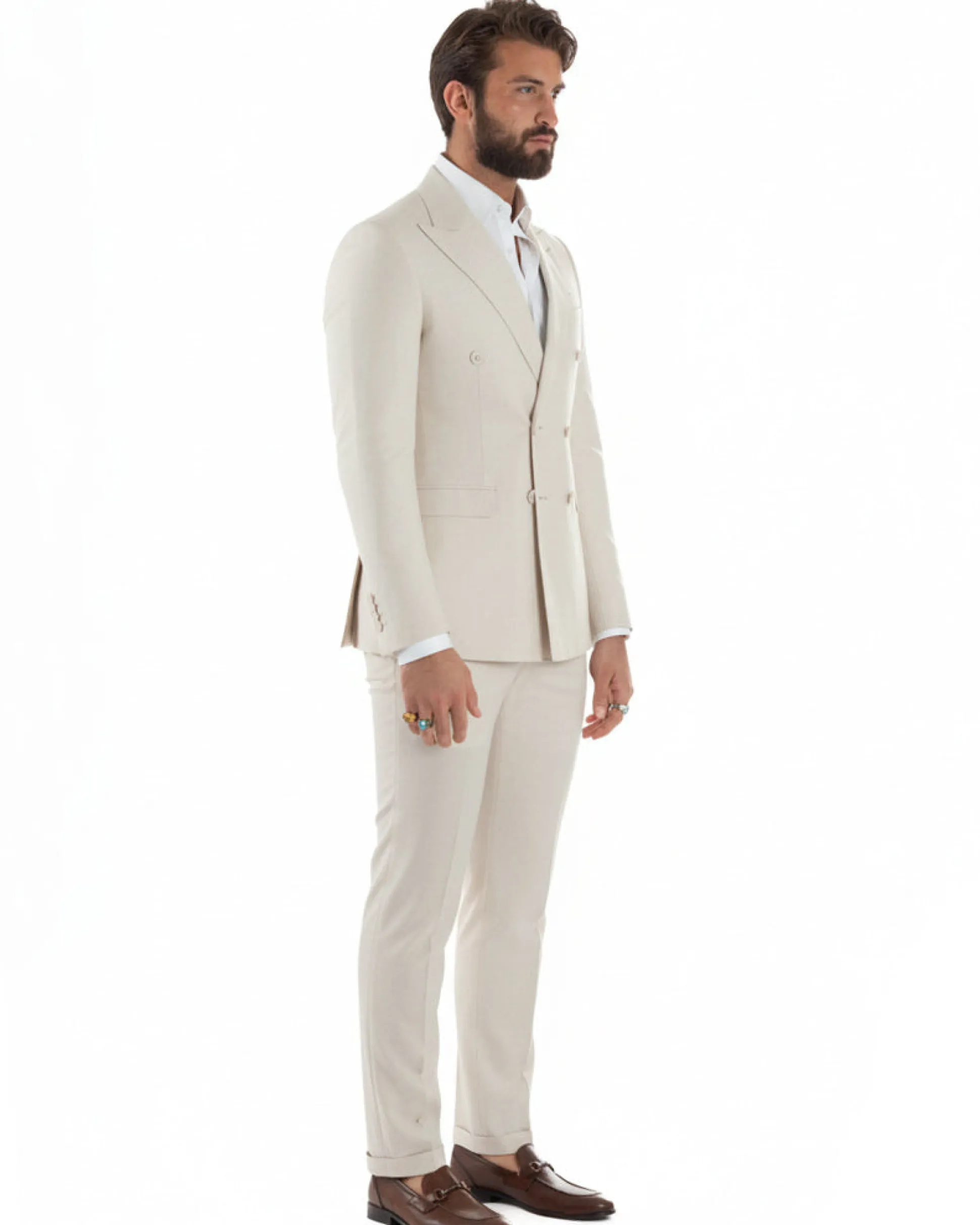 Abito uomo doppiopetto completo viscosa giacca pantaloni elegante panna GIOSAL-AE1211A