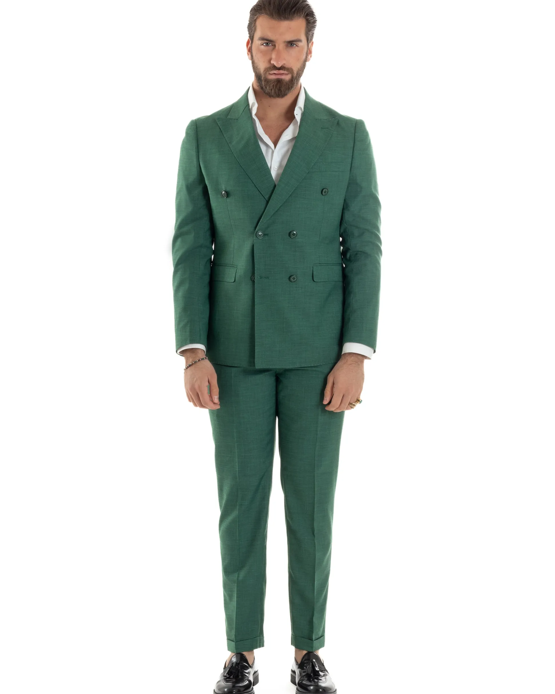 Abito uomo doppiopetto completo viscosa giacca pantaloni elegante verde melangiato GIOSAL-AE1117A