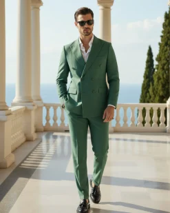 Abito uomo doppiopetto completo viscosa giacca pantaloni elegante verde melangiato GIOSAL-AE1117A