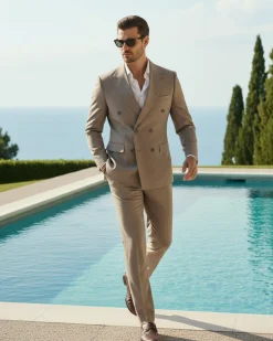 Abito uomo doppiopetto completo viscosa giacca pantaloni elegante sabbia melangiato GIOSAL-AE1082A