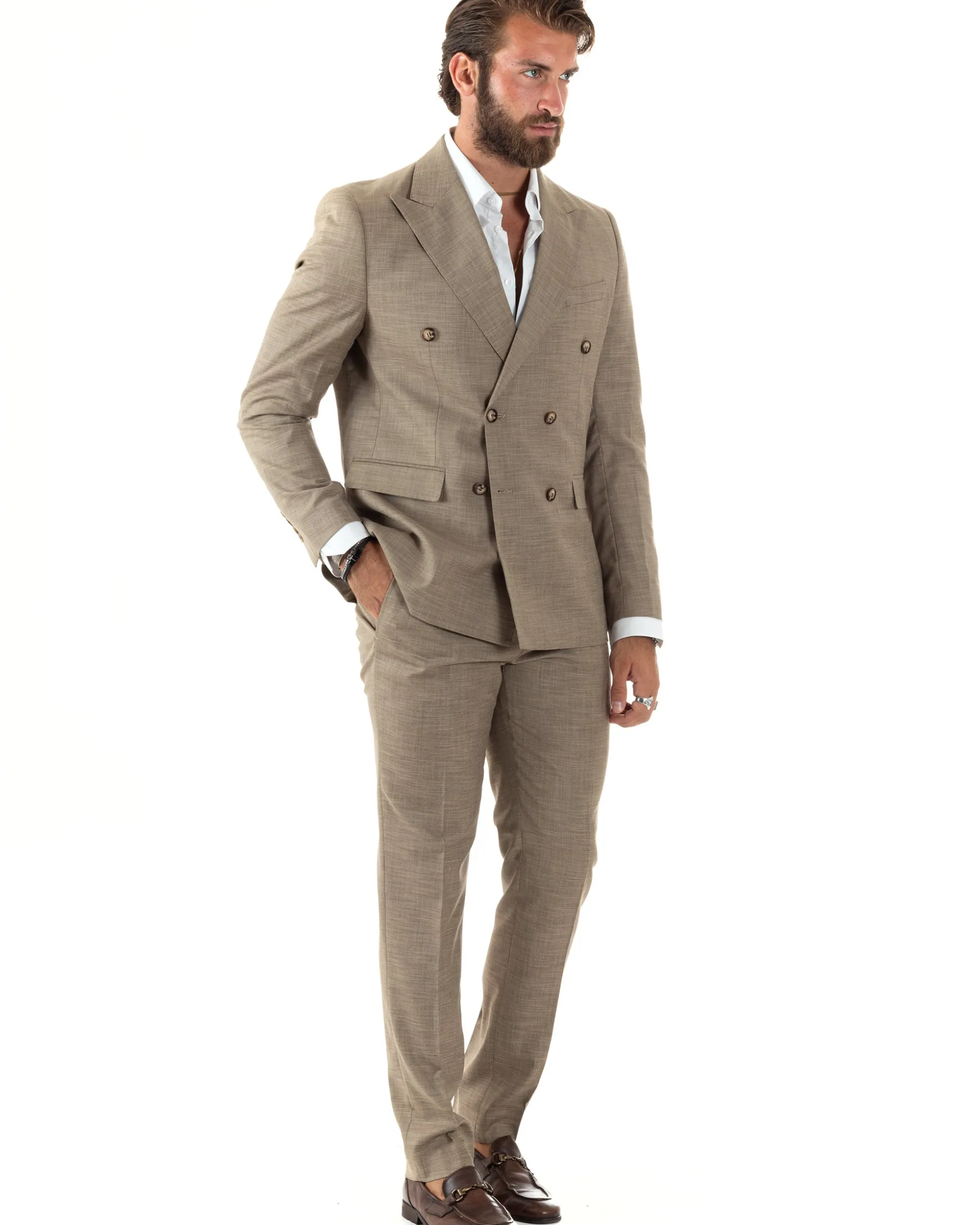 Abito uomo doppiopetto completo viscosa giacca pantaloni elegante sabbia melangiato GIOSAL-AE1082A
