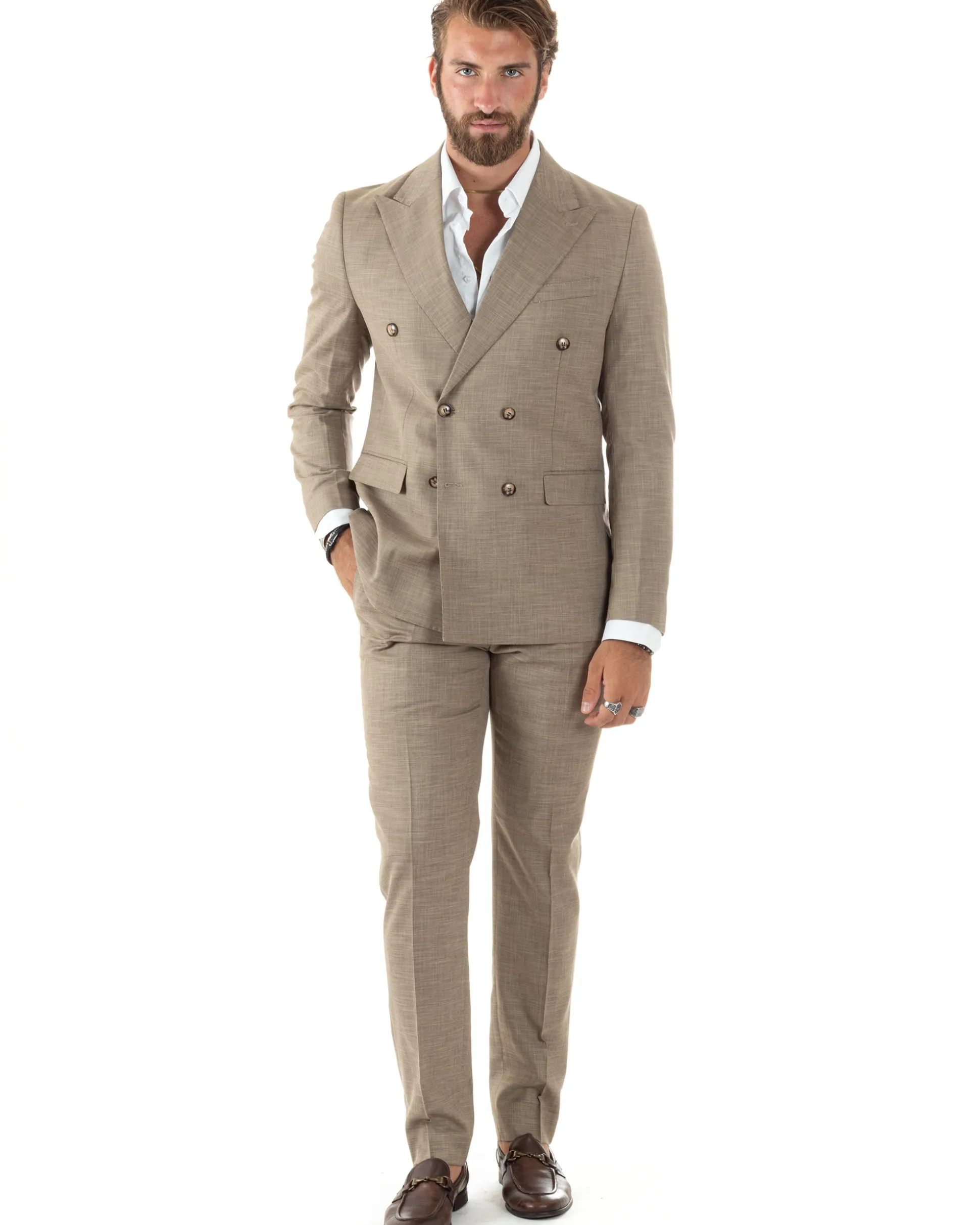 Abito uomo doppiopetto completo viscosa giacca pantaloni elegante sabbia melangiato GIOSAL-AE1082A