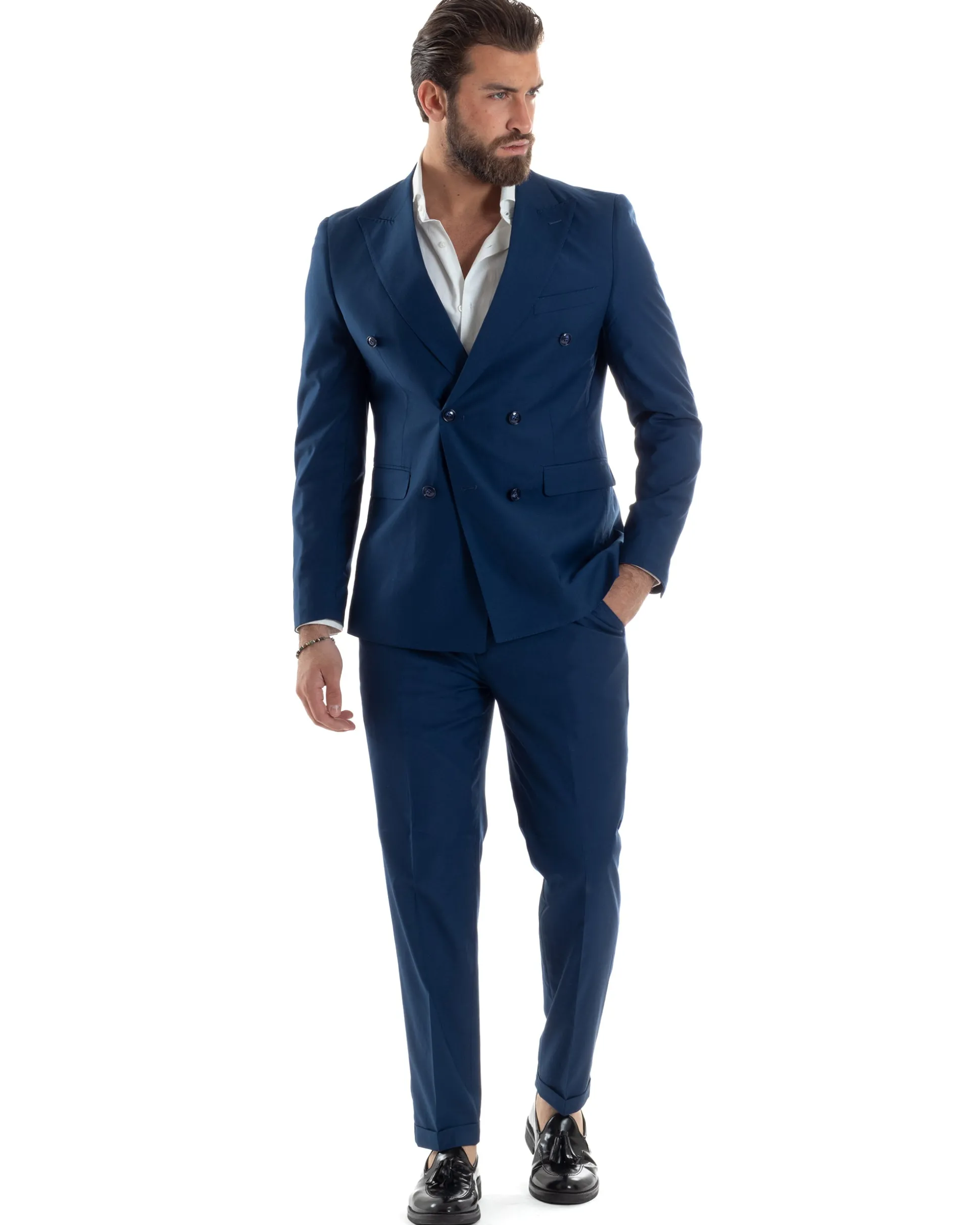 Abito uomo doppiopetto completo viscosa giacca pantaloni elegante blu chiaro GIOSAL-AE1115A