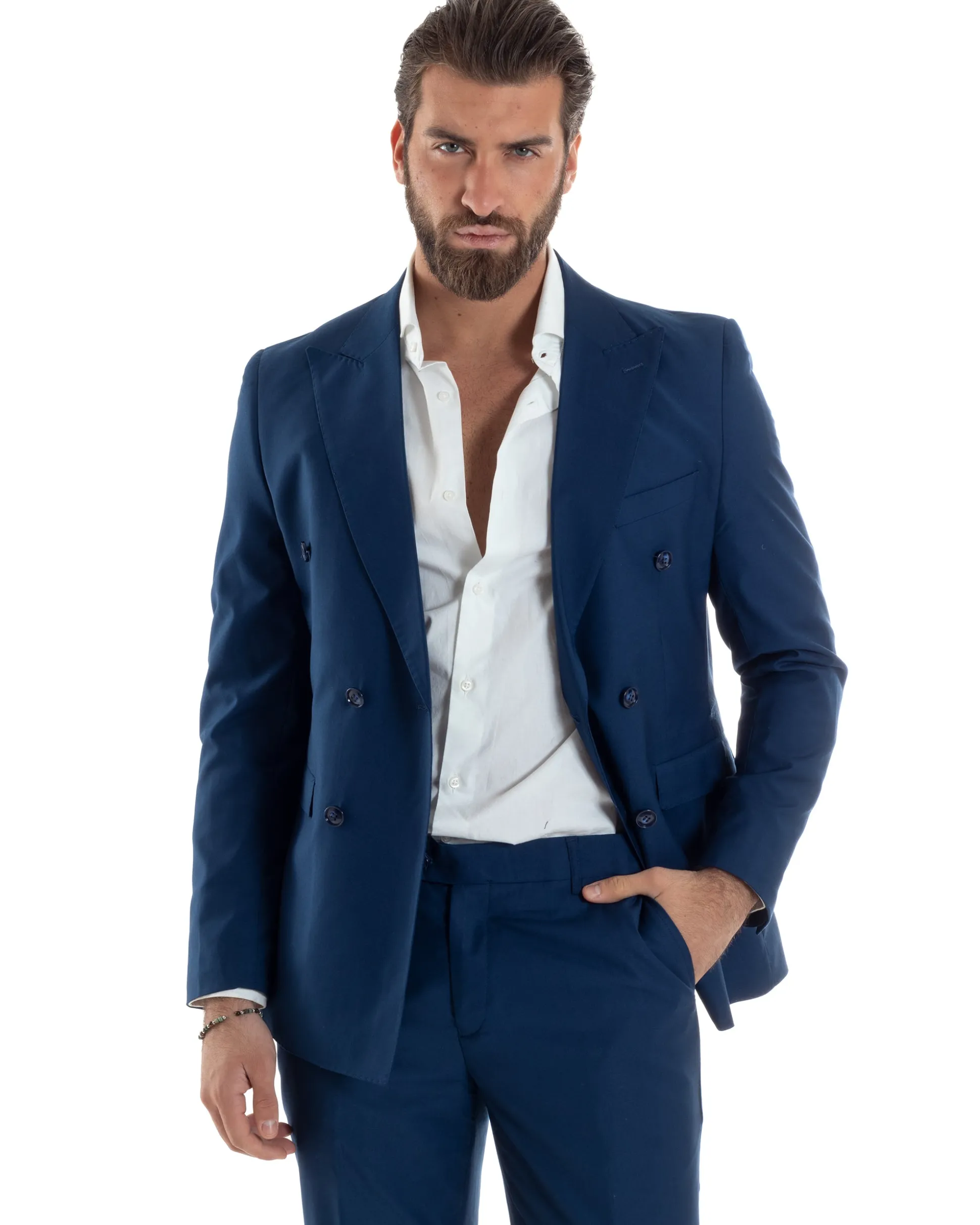 Abito uomo doppiopetto completo viscosa giacca pantaloni elegante blu chiaro GIOSAL-AE1115A