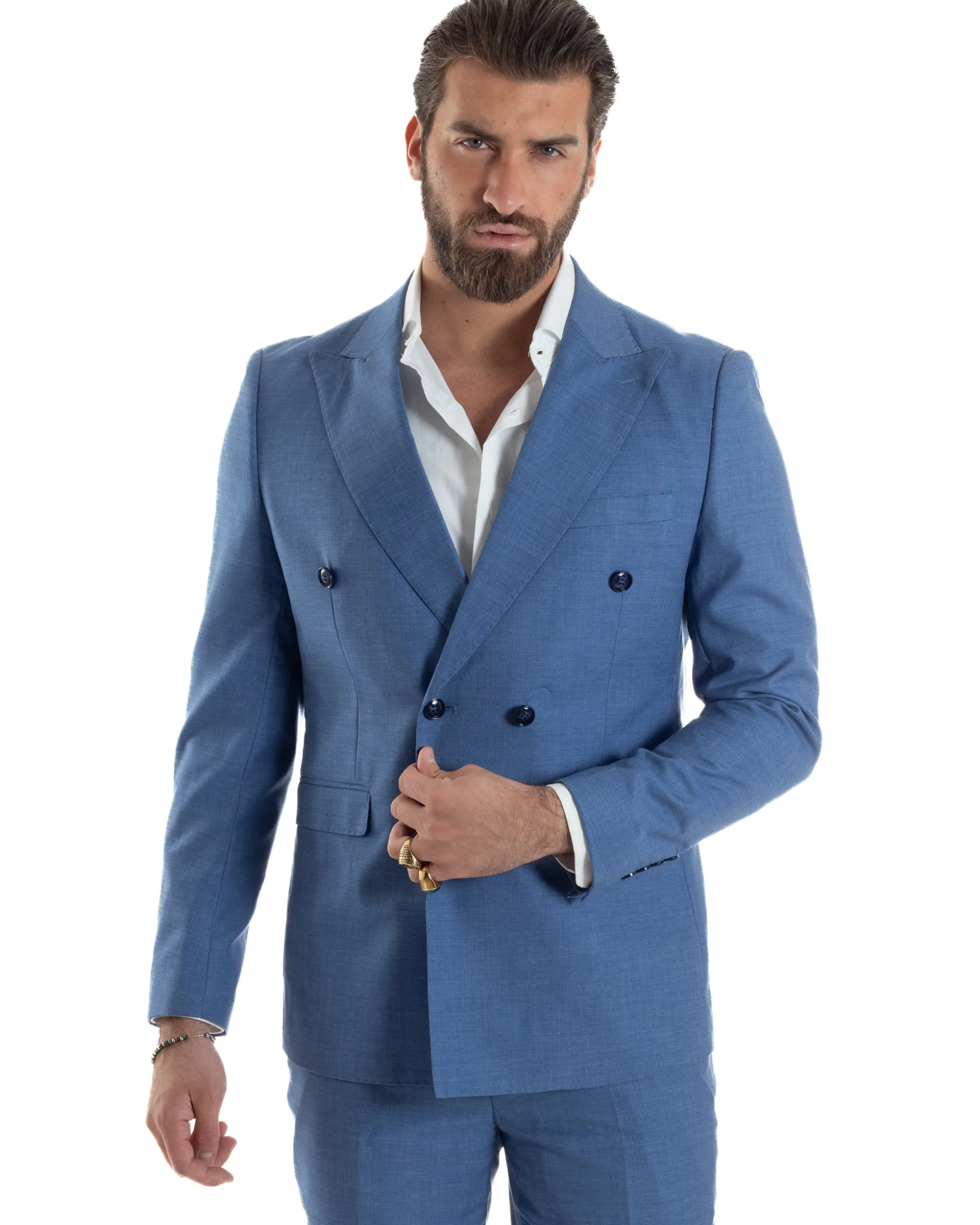Abito uomo doppiopetto completo viscosa giacca pantaloni elegante blu chiaro melangiato GIOSAL-AE1116A