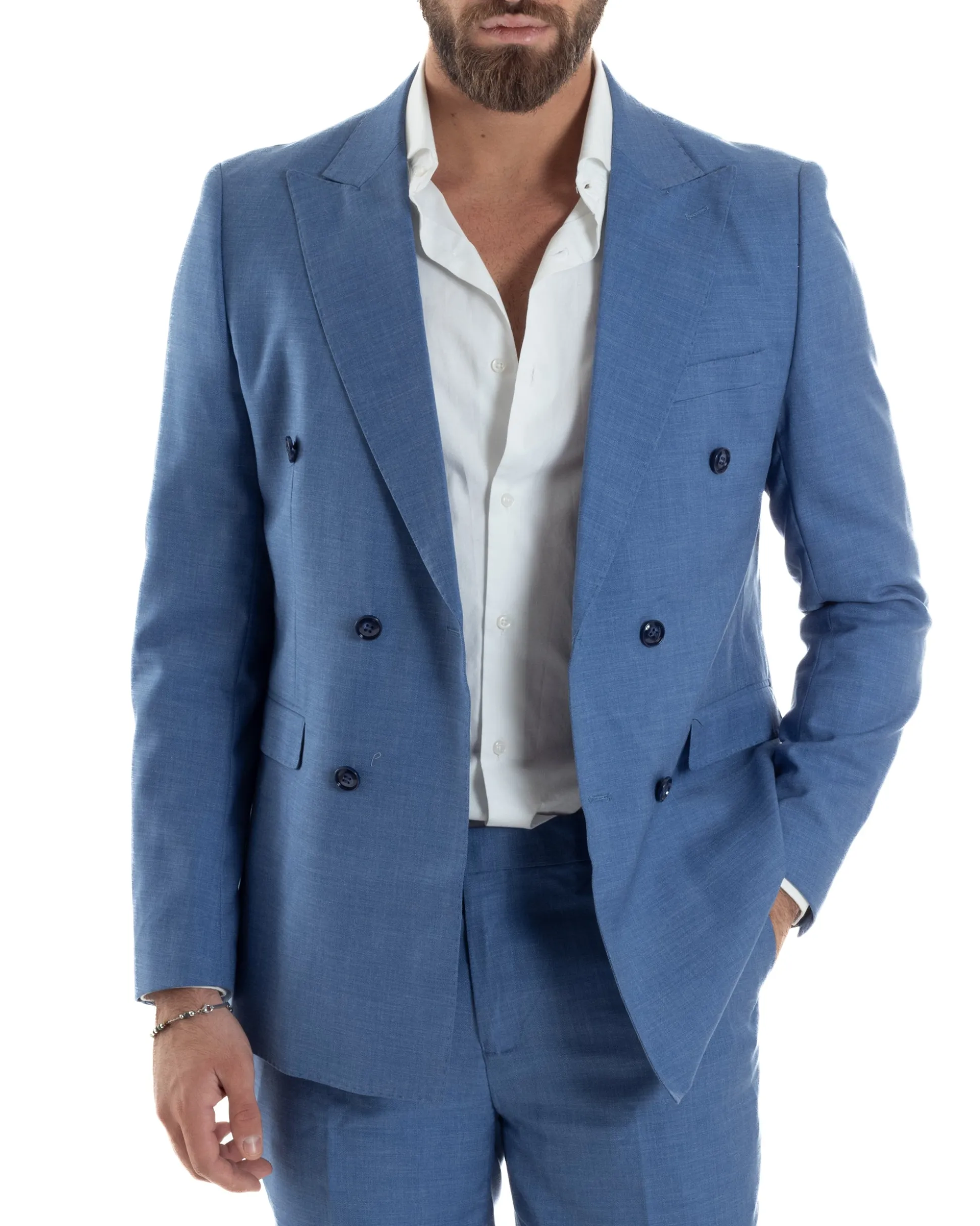 Abito uomo doppiopetto completo viscosa giacca pantaloni elegante blu chiaro melangiato GIOSAL-AE1116A