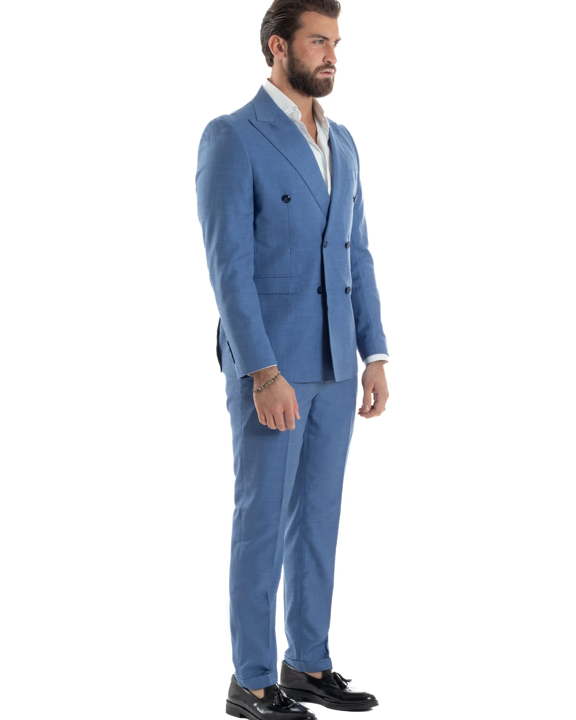 Abito uomo doppiopetto completo viscosa giacca pantaloni elegante blu chiaro melangiato GIOSAL-AE1116A