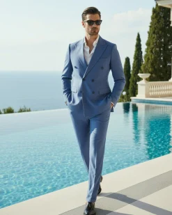 Abito uomo doppiopetto completo viscosa giacca pantaloni elegante blu chiaro melangiato GIOSAL-AE1116A