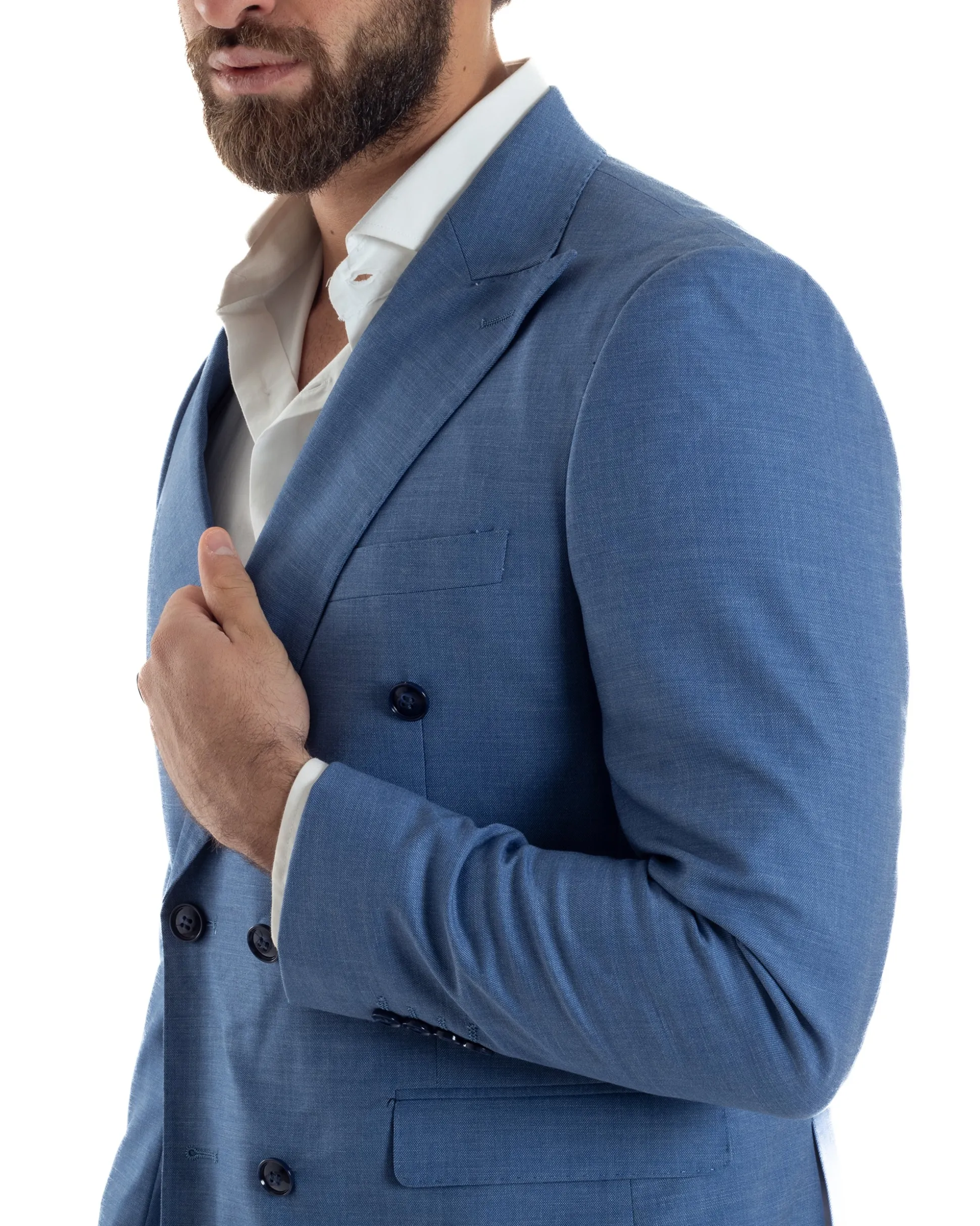 Abito uomo doppiopetto completo viscosa giacca pantaloni elegante blu chiaro melangiato GIOSAL-AE1116A