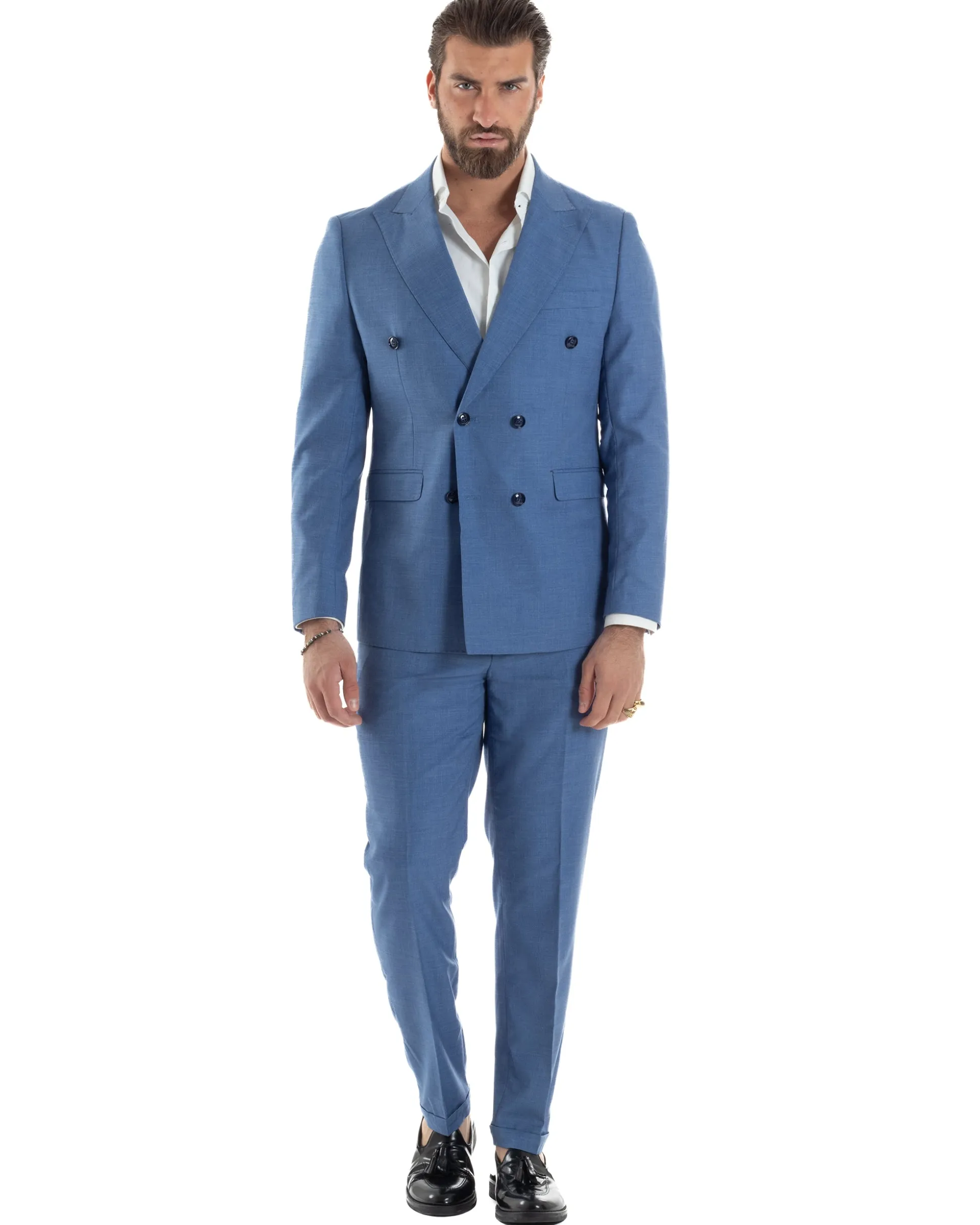 Abito uomo doppiopetto completo viscosa giacca pantaloni elegante blu chiaro melangiato GIOSAL-AE1116A