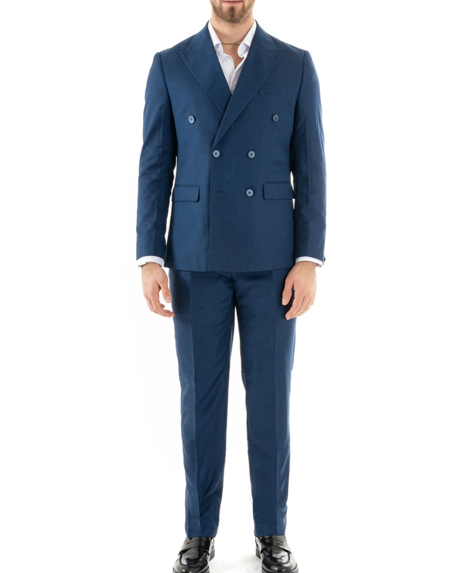 Abito uomo doppiopetto completo viscosa giacca pantaloni elegante blu melangiato GIOSAL-OU2257A