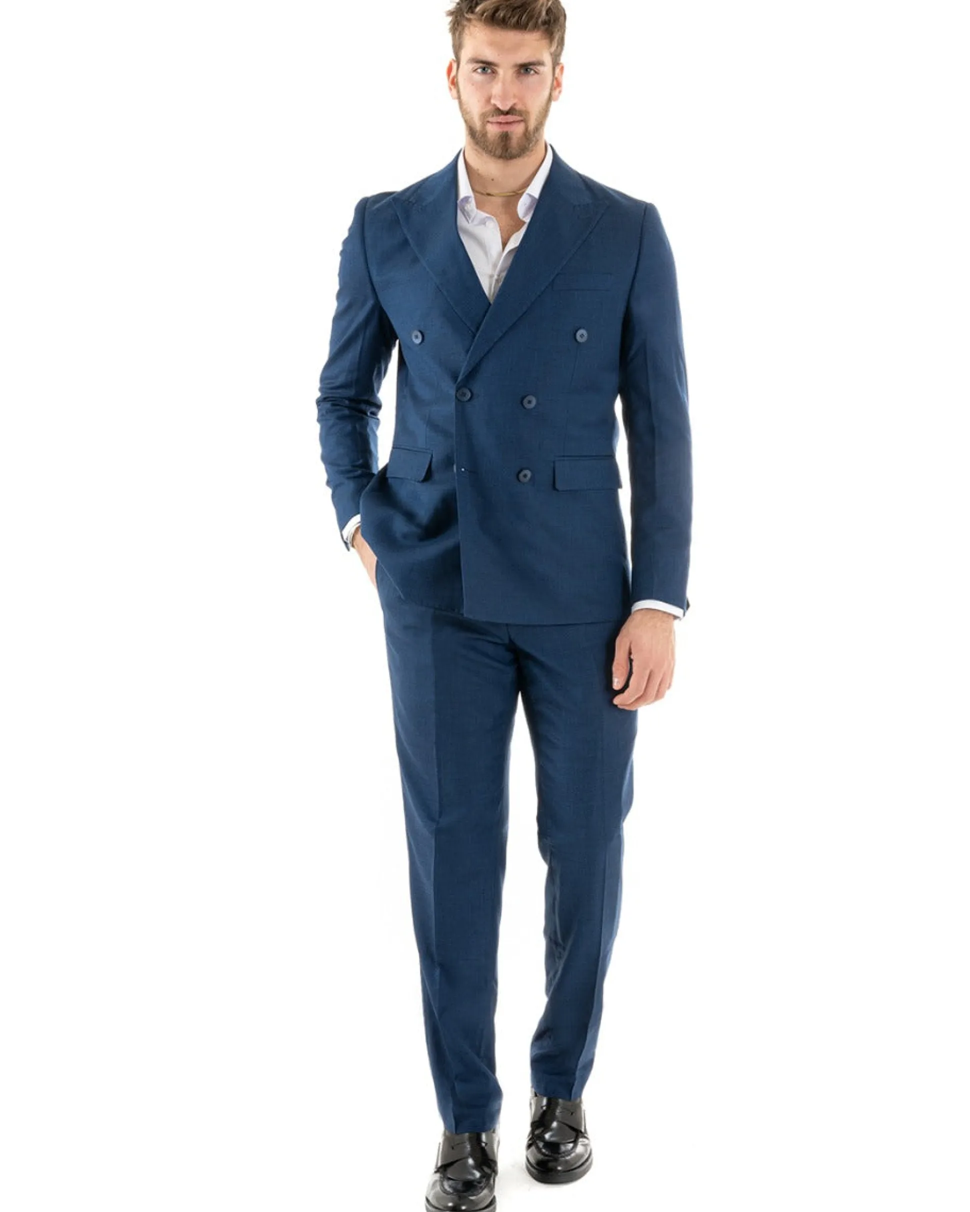 Abito uomo doppiopetto completo viscosa giacca pantaloni elegante blu melangiato GIOSAL-OU2257A