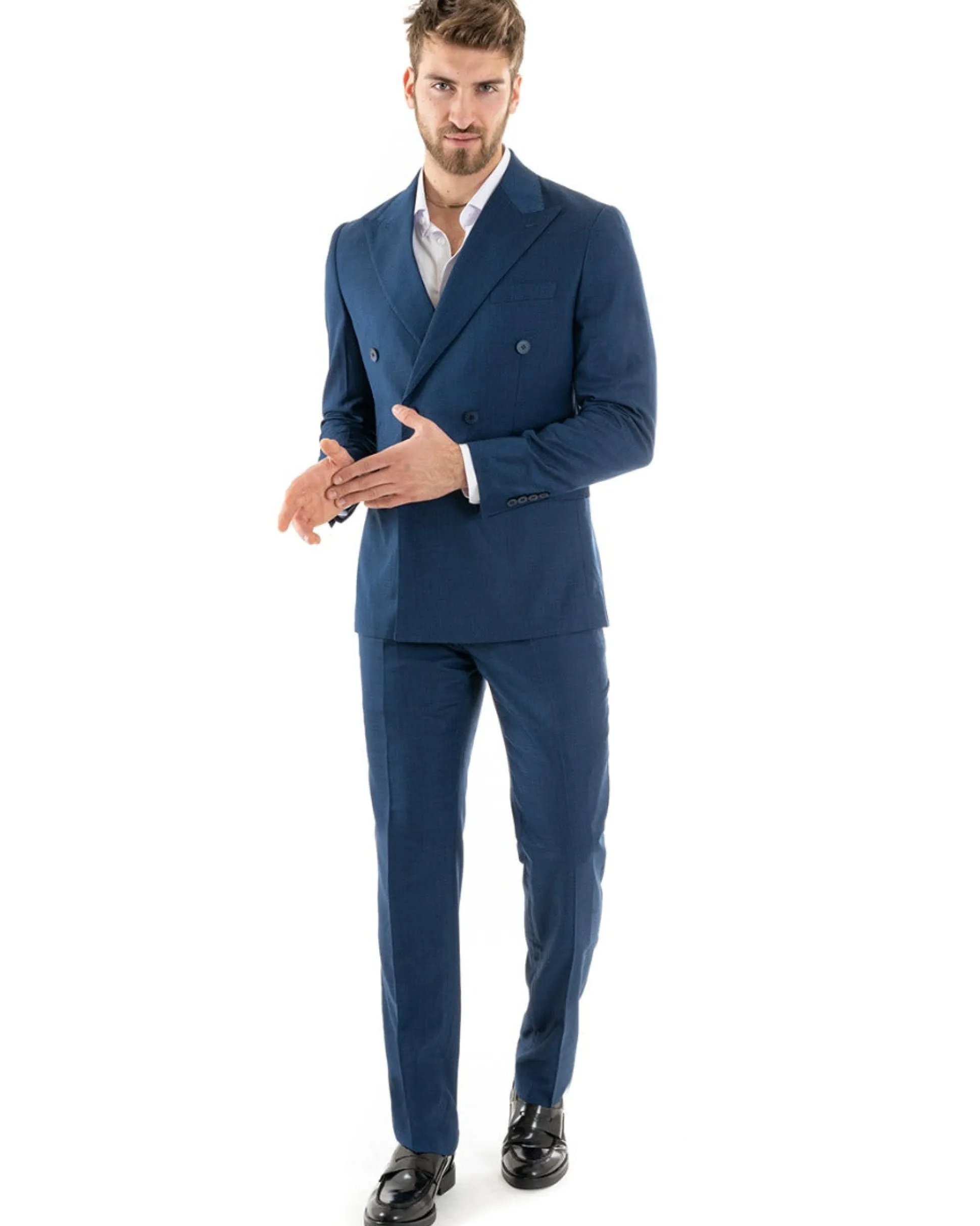 Abito uomo doppiopetto completo viscosa giacca pantaloni elegante blu melangiato GIOSAL-OU2257A