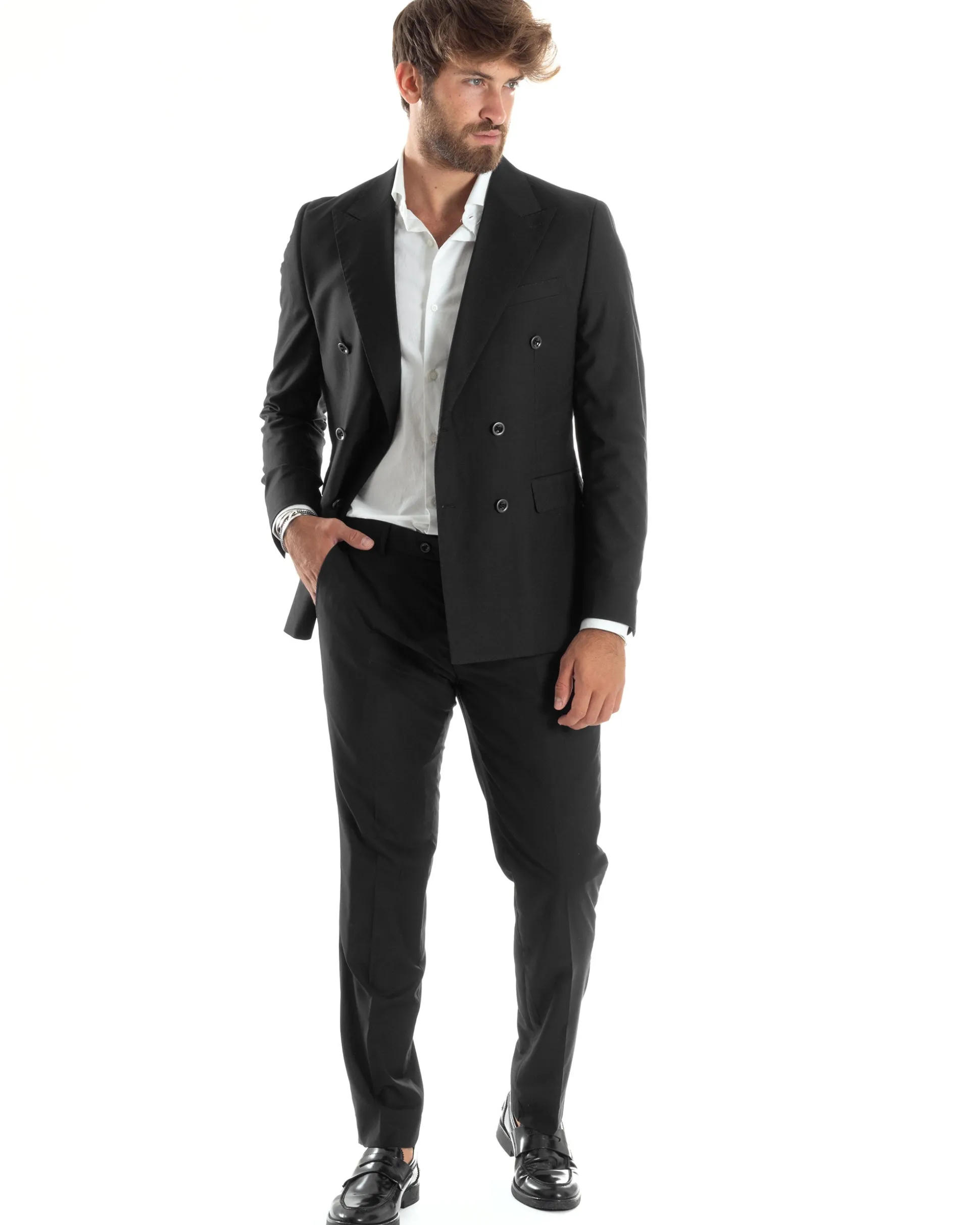 Abito uomo doppiopetto completo viscosa giacca pantaloni elegante nero GIOSAL-AE1065A